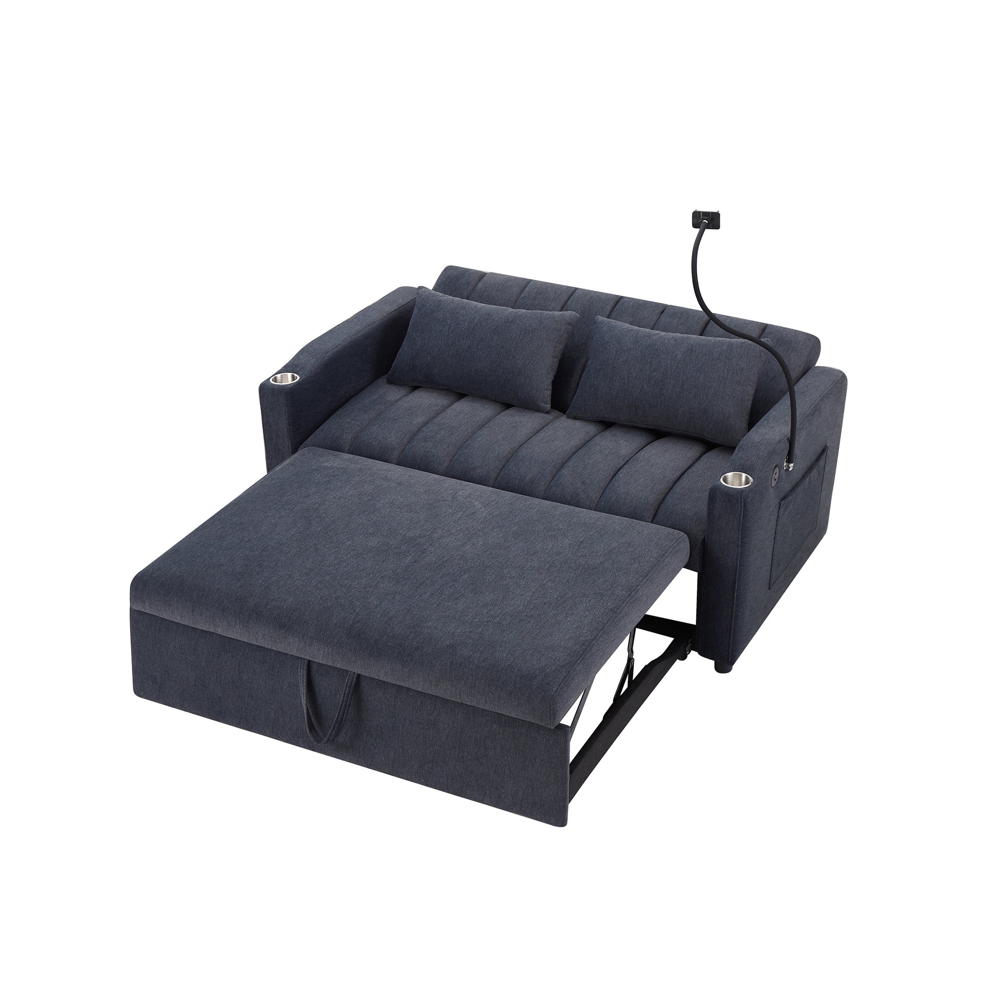 55.9" Convertible Sofa Bed Loveseat Sofa With Three Usb Ports, Two Side Pockets, Two Cup Holders And 360 Swivel Phone Holder For Living Room, Blue Grey Blue Gray Foam Polyester