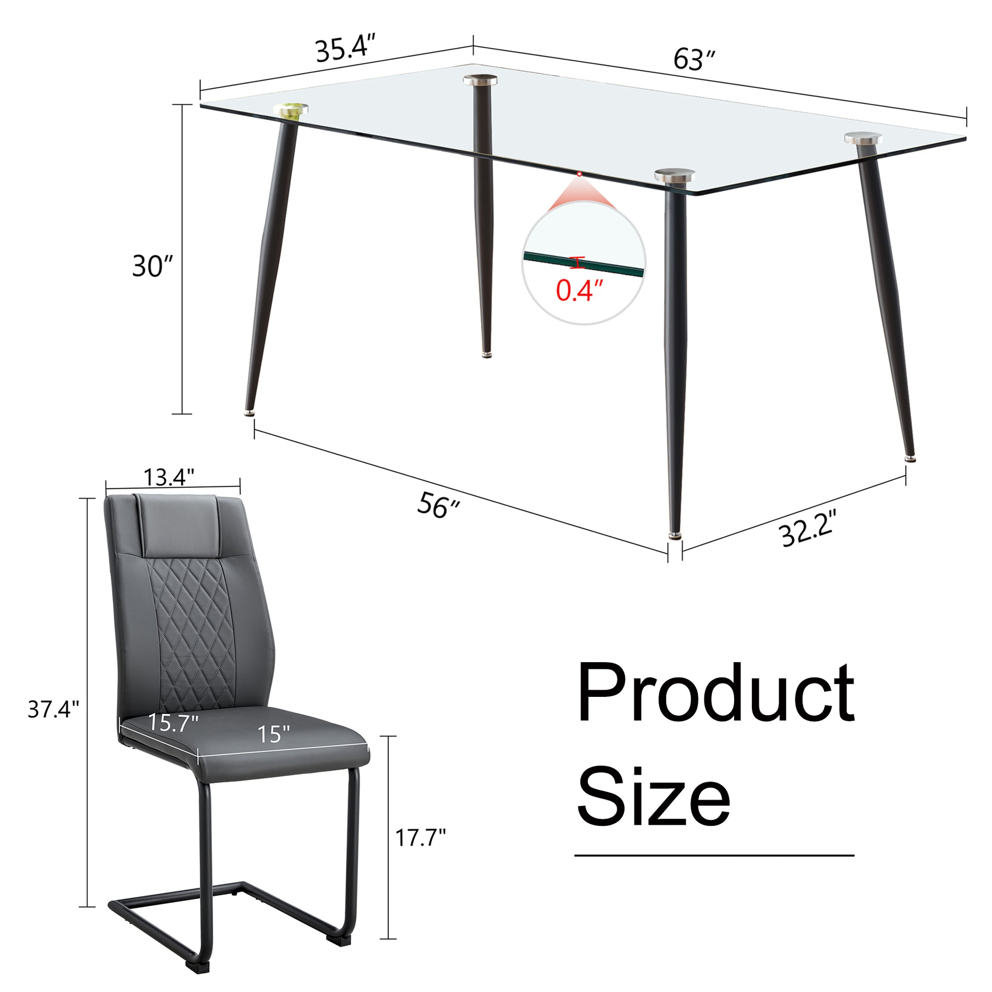 1 Table And 4 Chairs Set.Rectangular Table With Transparent Tempered Glass Tabletop And Black Metal Legs.Paired With 4 Chairs With Pu Leather Cushioned Seats And Black Metal Legs.Dt 1544 C 001 Transparent Glass Metal