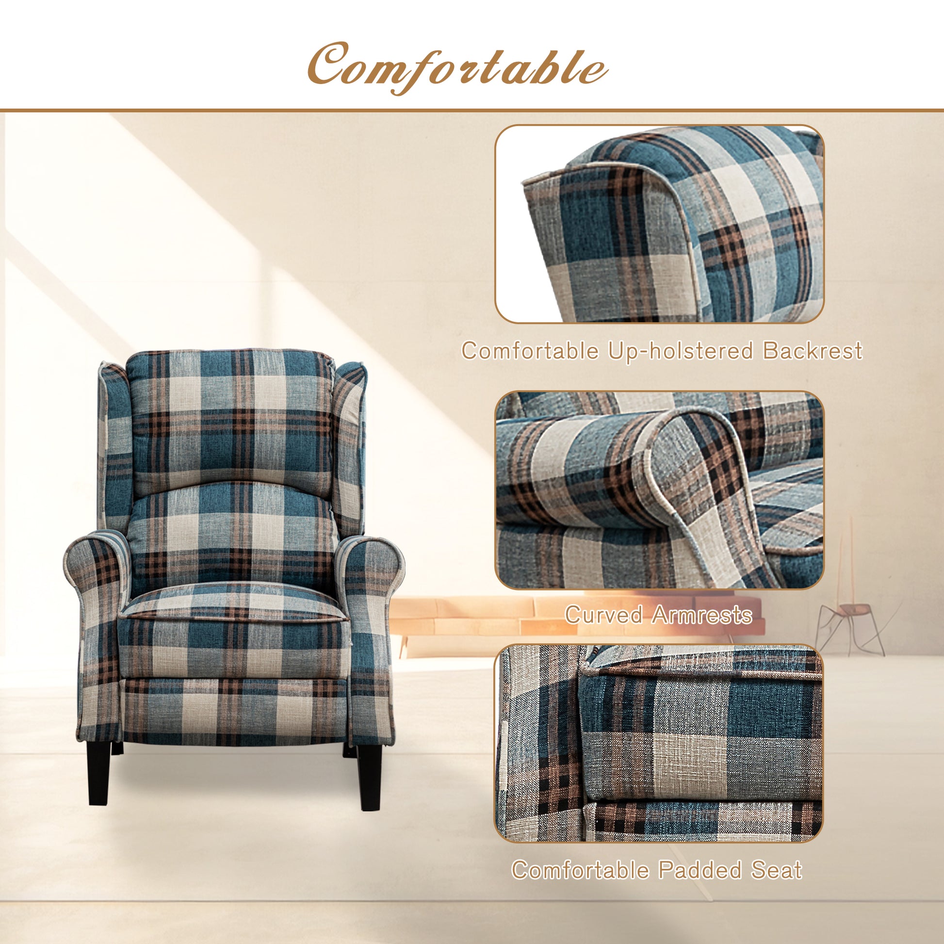 Vintage Armchair Sofa Comfortable Upholstered Leisure Chair Recliner Chair For Living Room Blue Check Blue Fabric 1 Seat