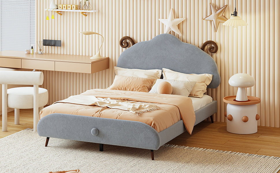 Full Size Upholstered Platform Bed With Sheep Shaped Headboard, Gray Full Gray Plywood