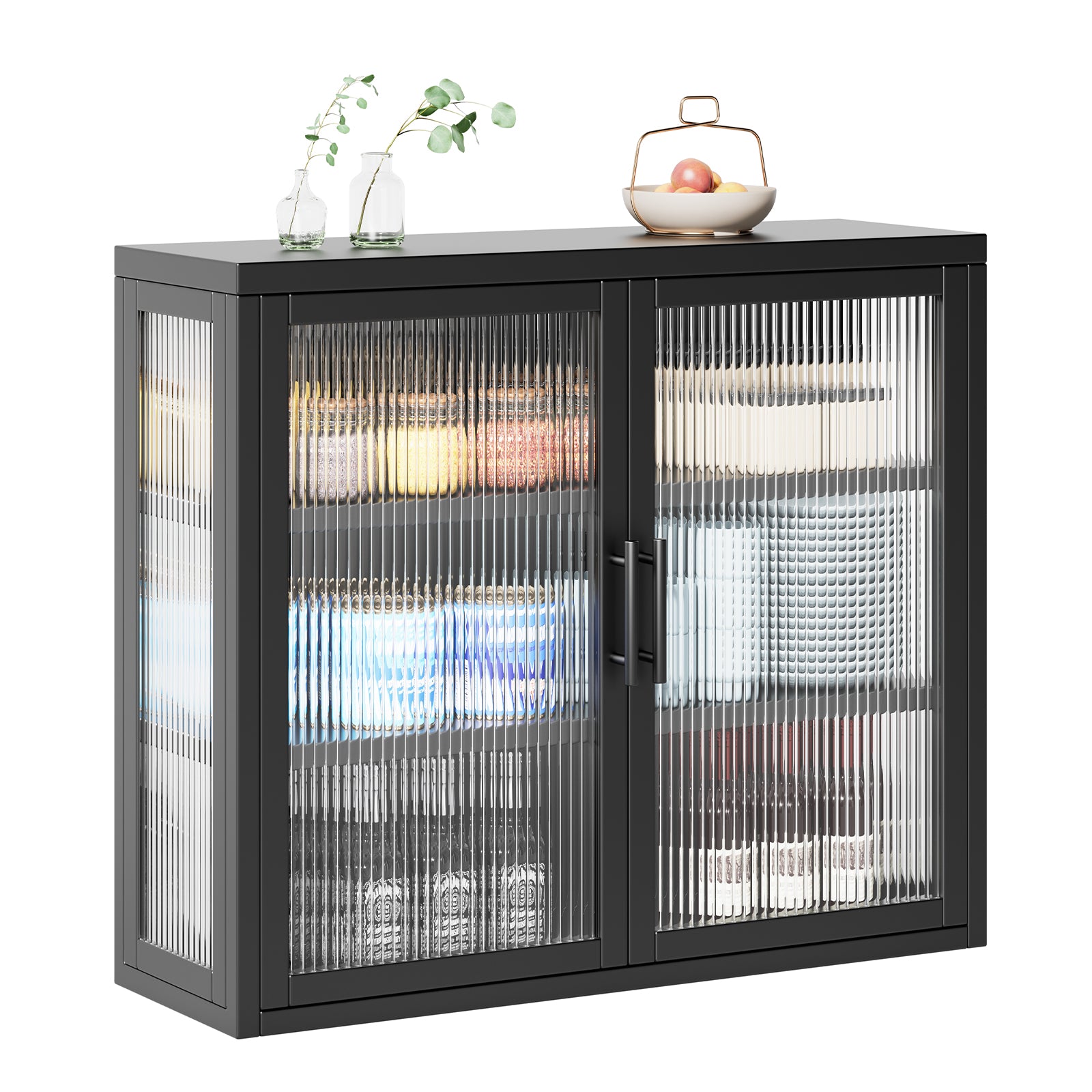 Retro Style Haze Double Glass Door Wall Cabinet With Detachable Shelves For Office, Dining Room,Living Room, Kitchen And Bathroom Black Black Tempered Glass Sheet Metal Plastic