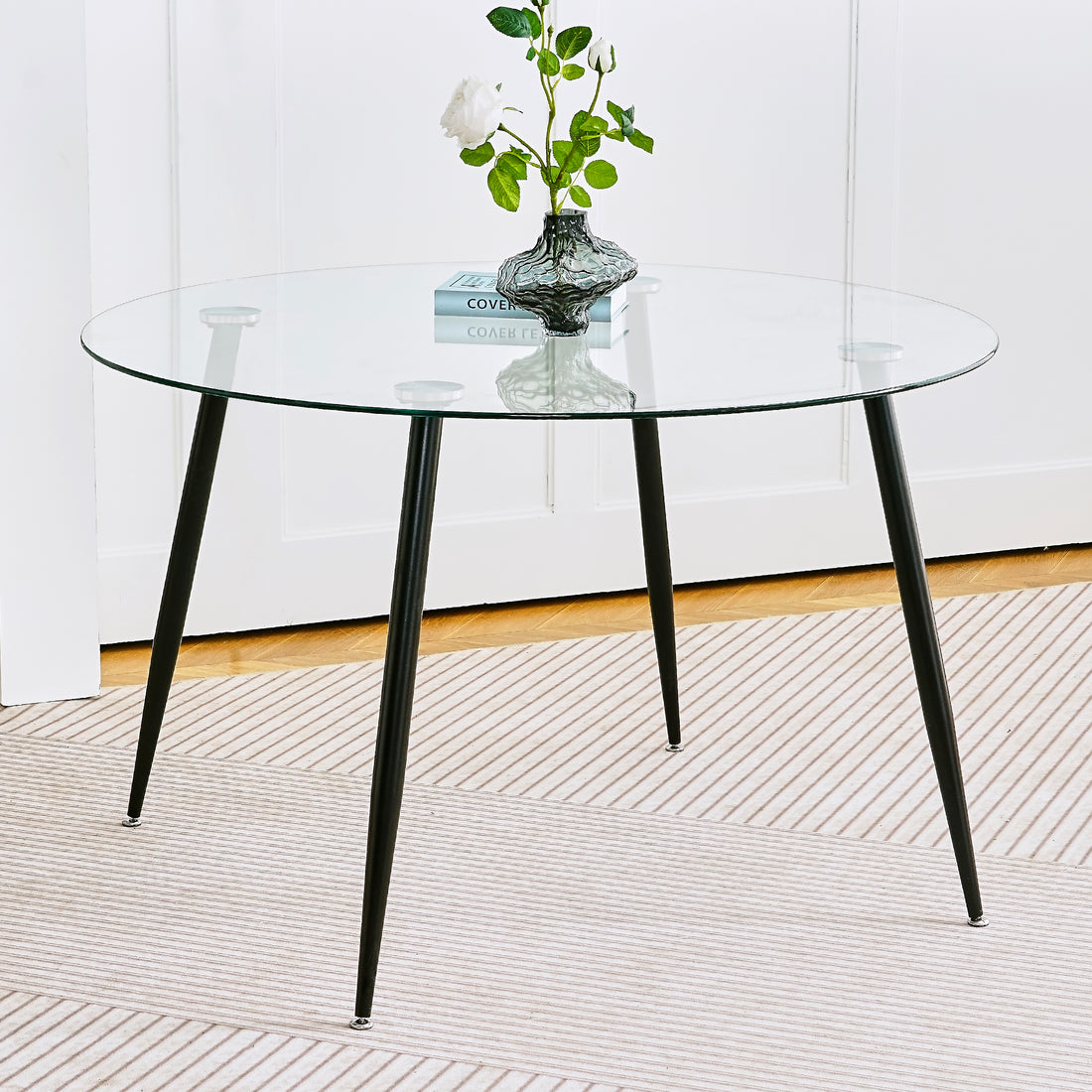 Modern Simple Glass Table, High Quality Tempered Glass Metal Material, Black Spray Table Legs, Suitable For Restaurant Kitchen Set Of 1 Black Round Glass