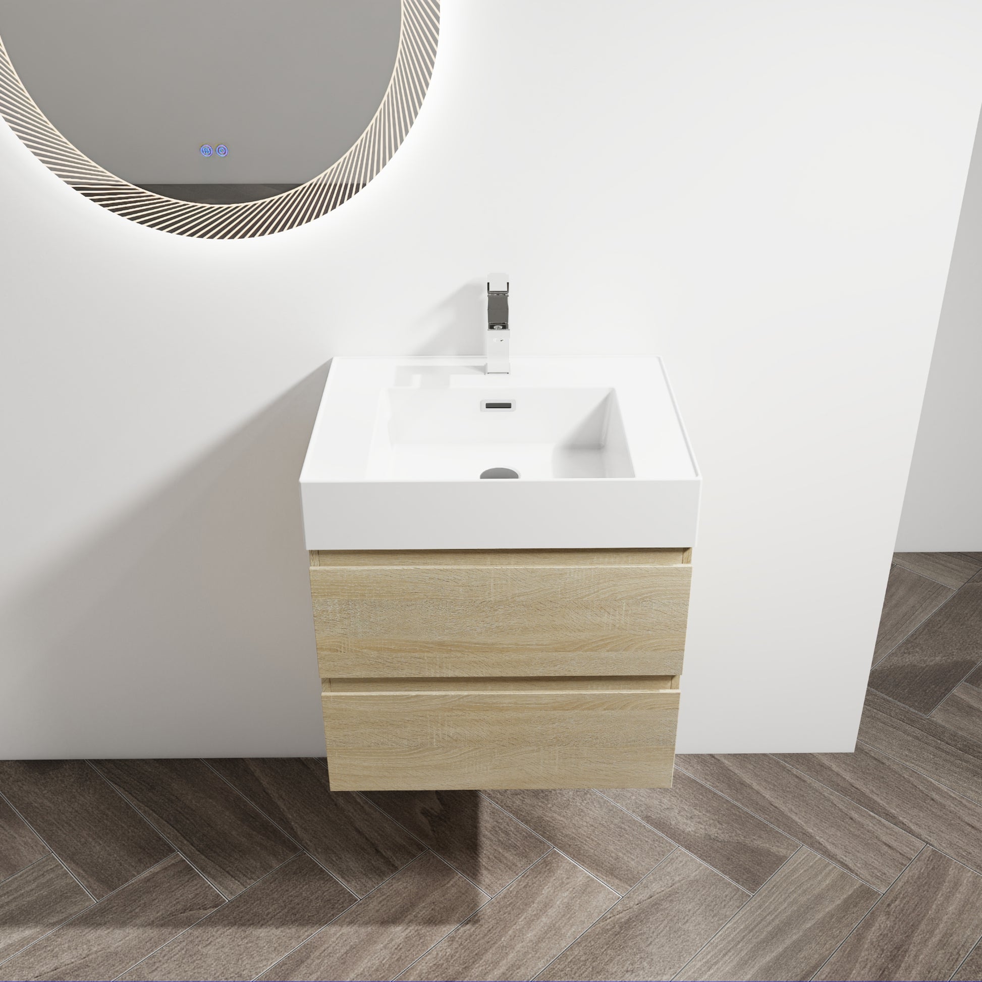 24" Wall Mounted Bathroom Vanity With Resin Sink, 2 Soft Close Drawers, Kd Package 2 Light Oak Bathroom Wall Mounted Modern Plywood