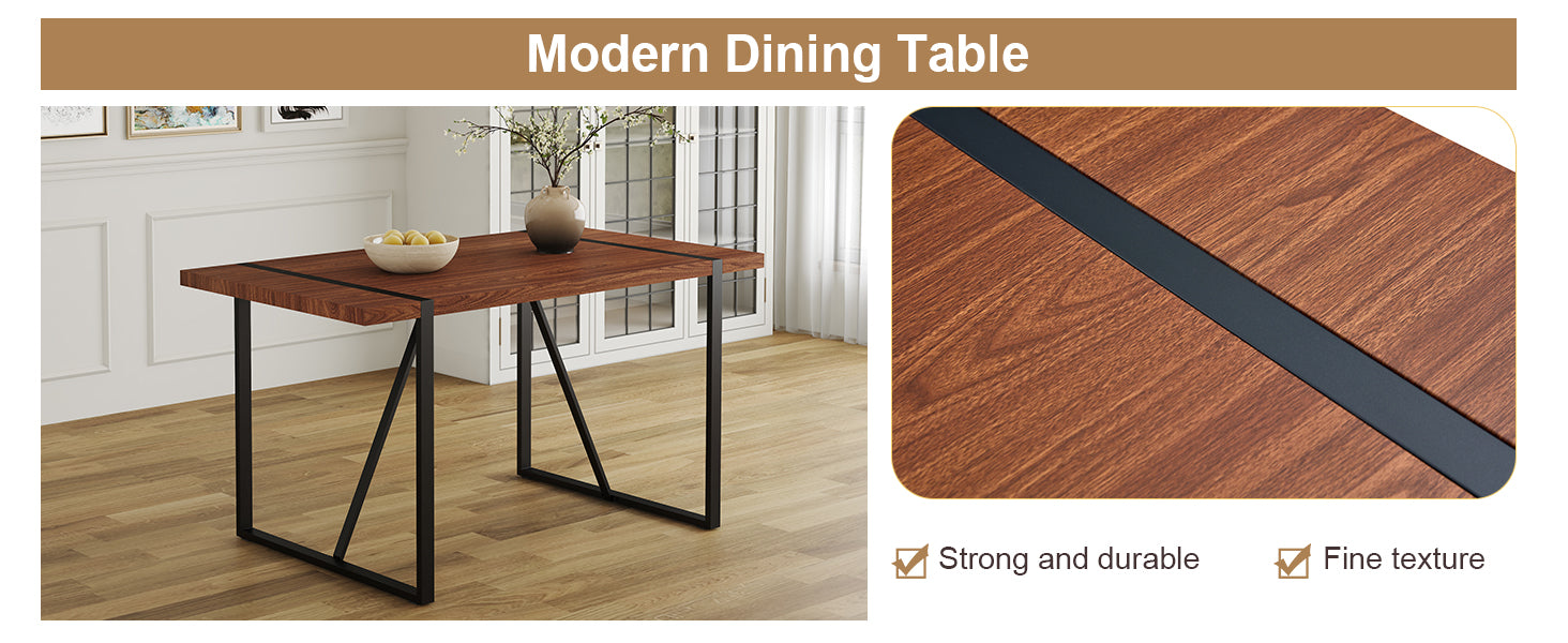 Industrial Rectangular Mdf Walnut Color Wood Grain Dining Table For 4 6 People With 1.5 Inch Thick Mdf Top And Black Metal Legs For Desks, Kitchens, Patios, Dining Rooms. Walnut Mdf