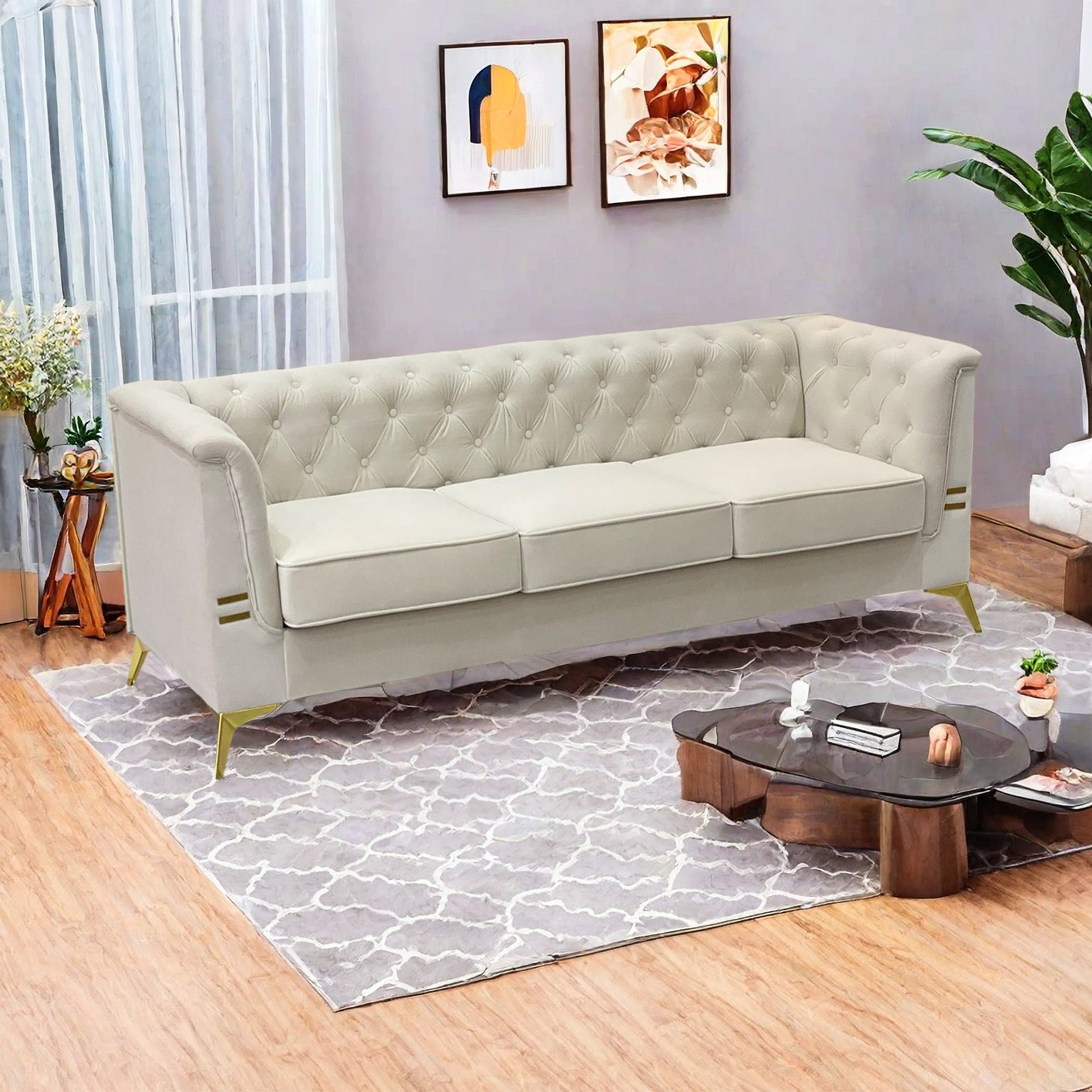 Fx P83 Cw Sofa Modern Velvet Living Room Chesterfield Design 82.7Inch Wide Sofa Cream White Color Beige Velvet 3 Seat