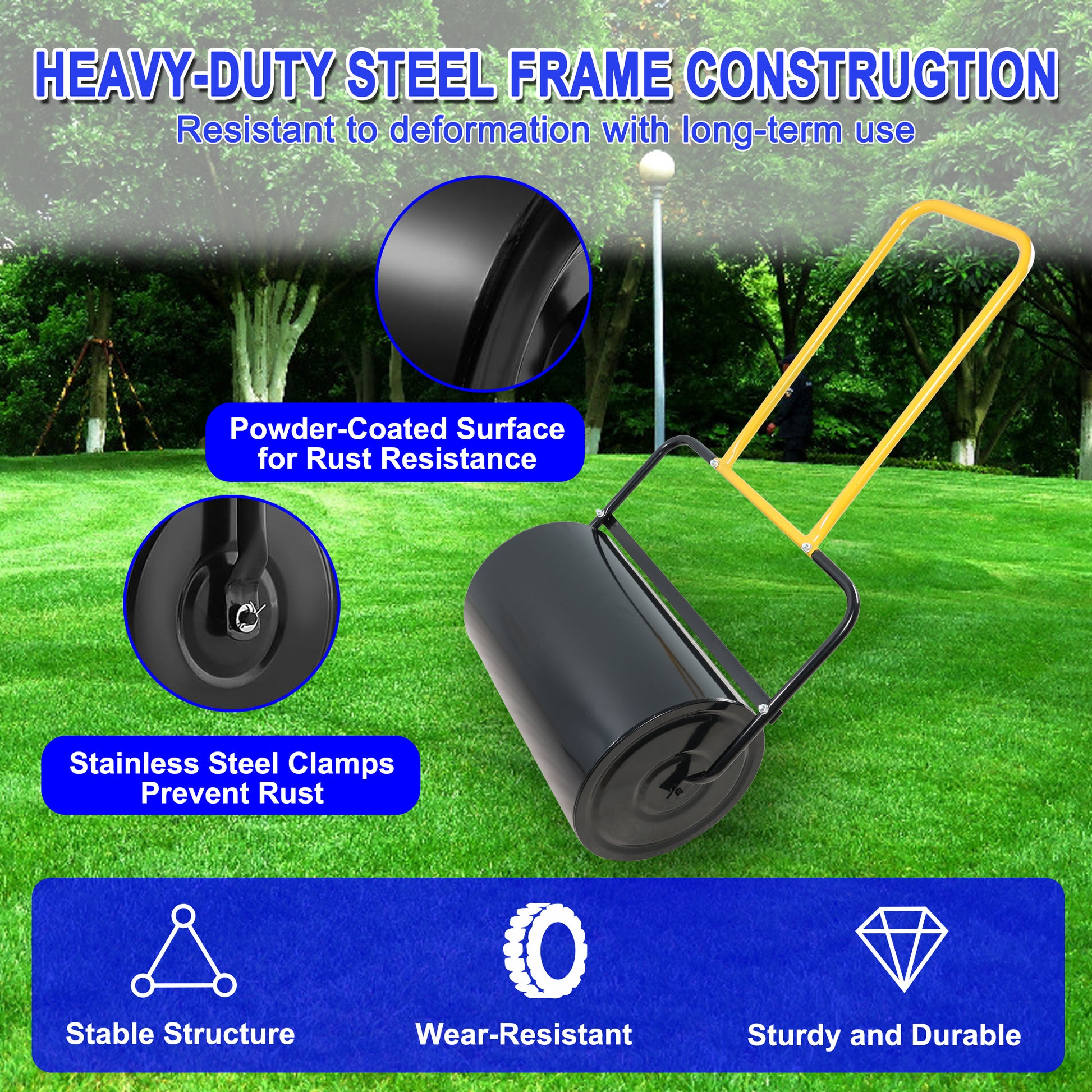 40 Litre High Capacity Lawn Roller, Can Fill Sand Water, U Shaped Ergonomic Handle, Easy To Push And Pull, Suitable For Gardens, Farms, Parks, Black Yellow Black Iron