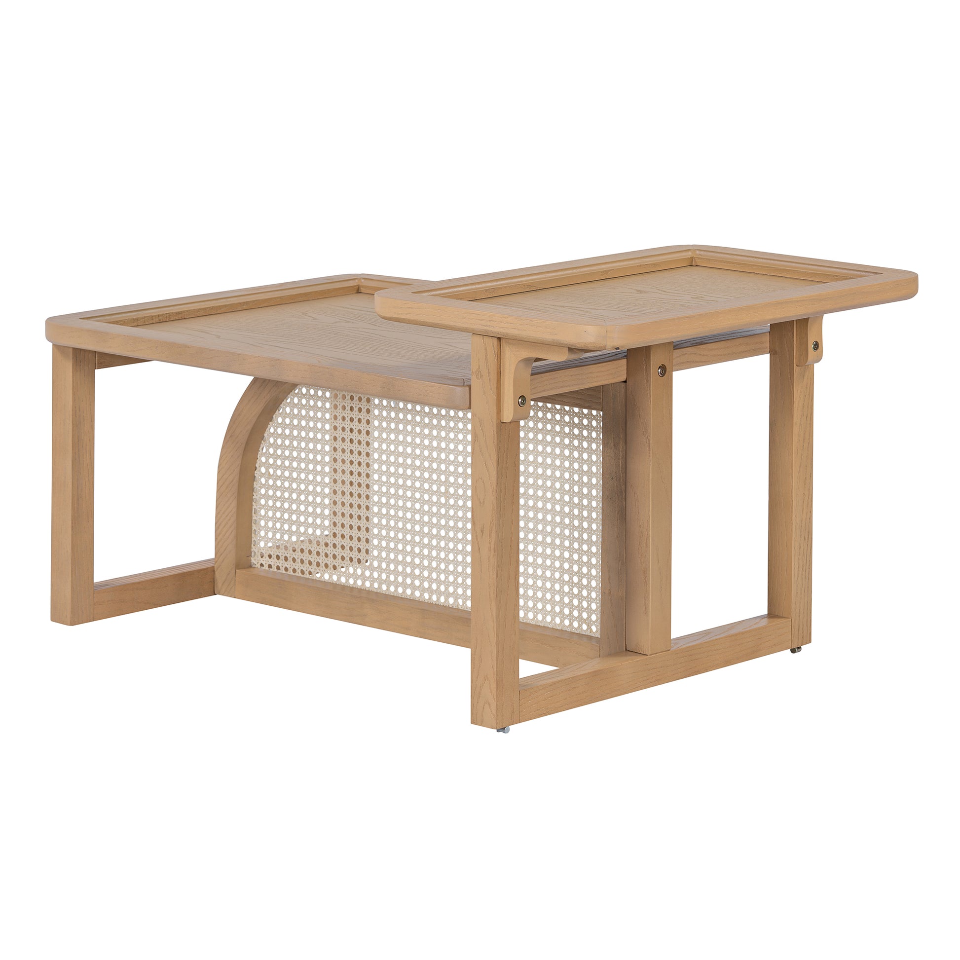 Modern 2 Piece Nesting Rattan Wood Mdf Coffee Table Set In Natural Natural Rubber Wood