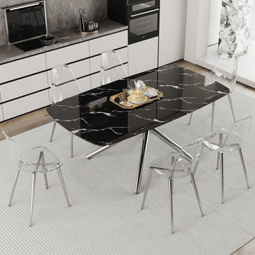 Table And Chair Set.Modern Luxurious Black Marble Patterned Tempered Glass Dining Table Set With 6 Transparent Pp Chairs.Multiple Transparent High Quality Pp Dining Chairs With Silver Legs. Black