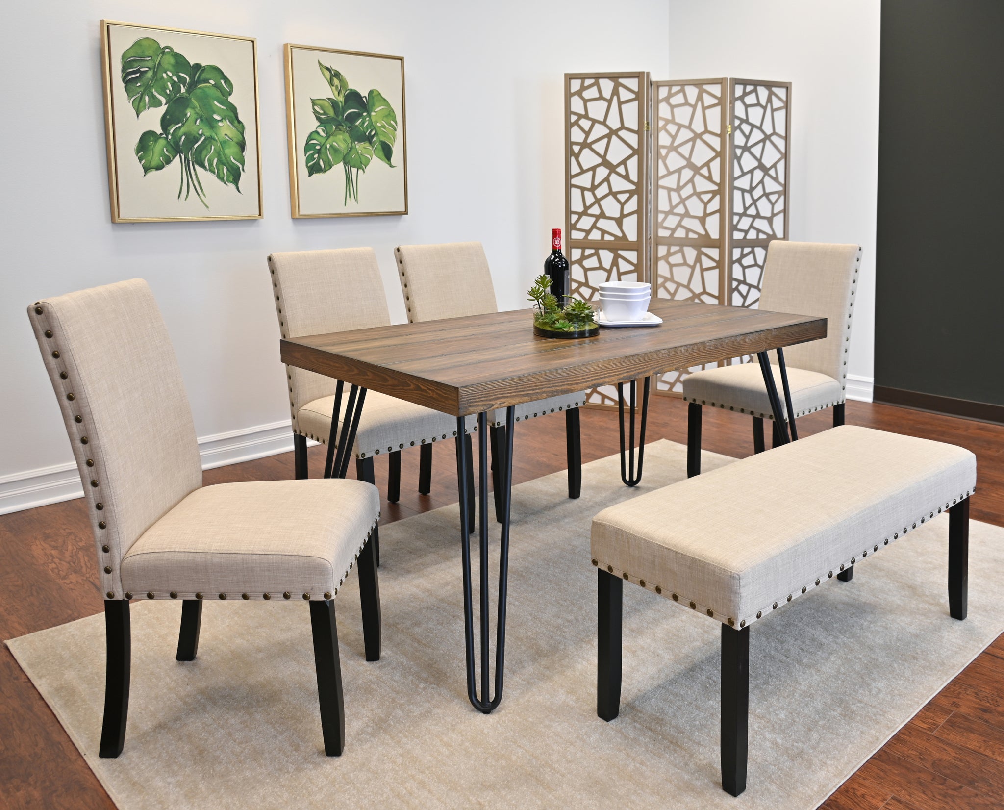 Amisos 6 Piece Dining Set, Hairpin Dining Table With 4 Chairs And Upholstery Bench, 3 Color Options Wood Brown Seats 6 Brown Metal Dining Room Fixed Table Rubberwood Rectangular 4 Leg Rectangular Dining Table With Chair And Bench Mdf