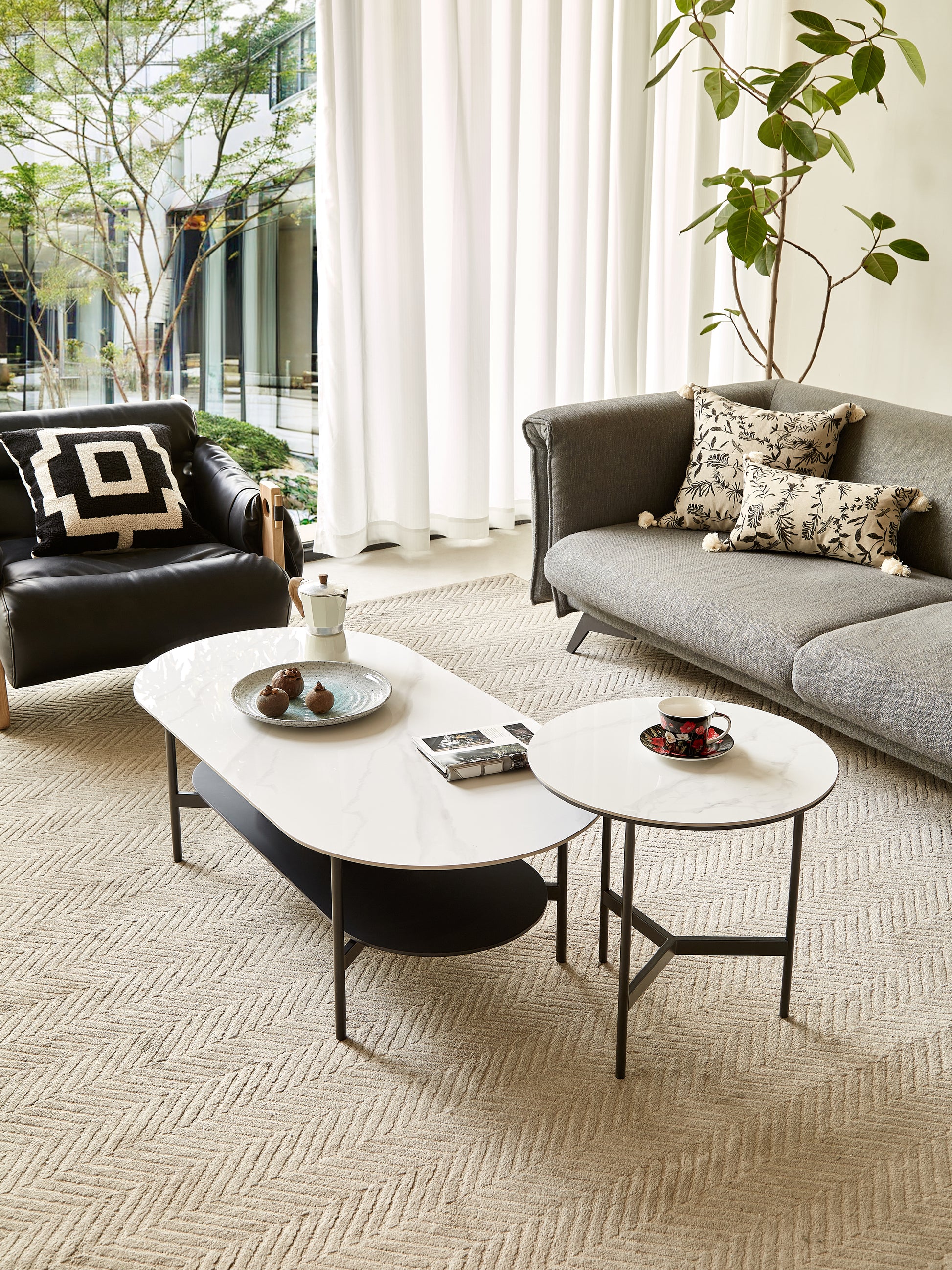 Coffee Table Ceramic Coffee Table, Mdf Painting Double Layer Coffee Table For Living Room, White Ceramic And Coffee Brown Bottom Shelf Black White Ceramic Mdf