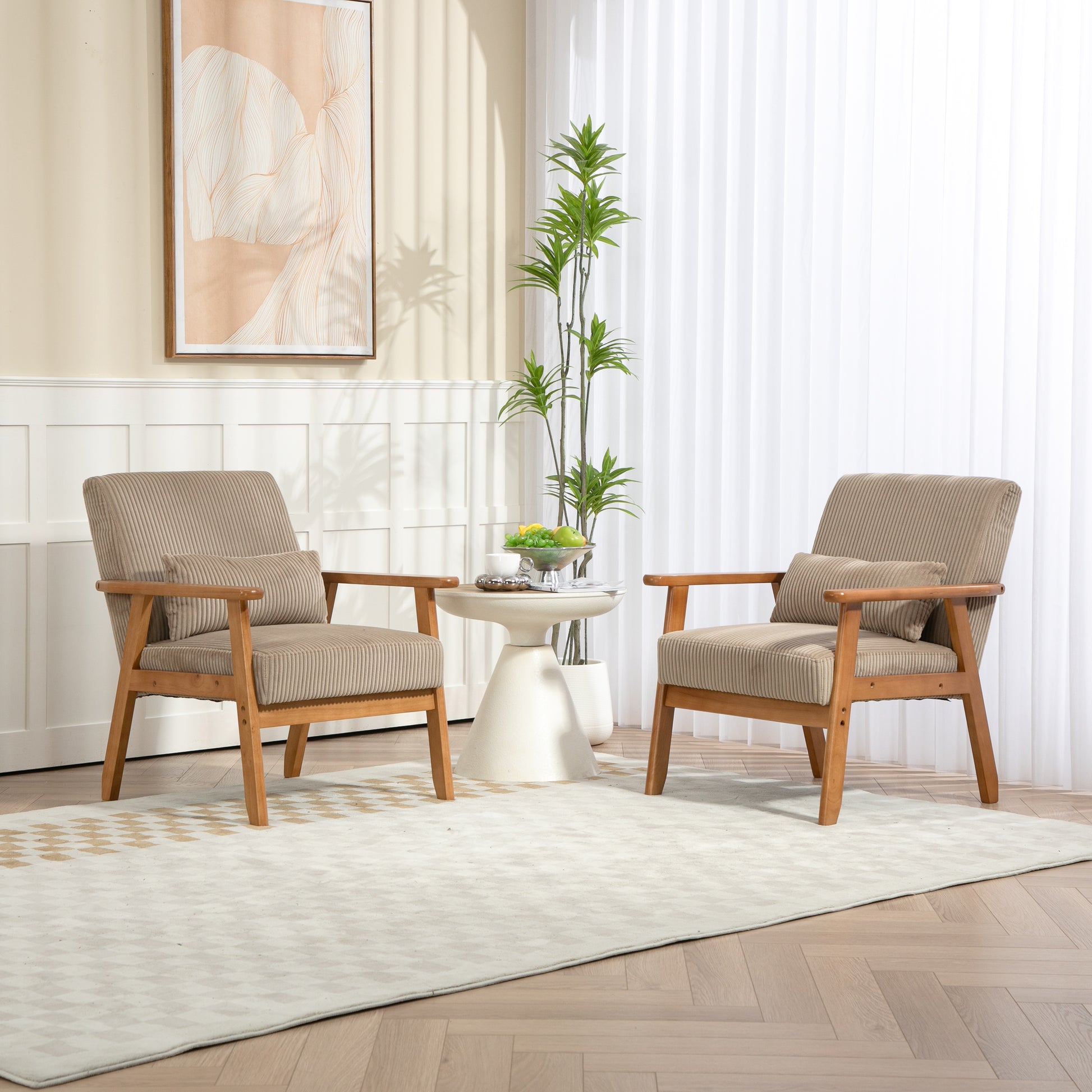 Leisure Chair With Solid Wood Armrest And Feet, Leisure Chair, Wood Frame, Velvet, Solid Rubber Wood Legs, Mid Century Modern Accent Chair, For Living Room Bedroom Studio Chair,Two Packs Camel Corduroy