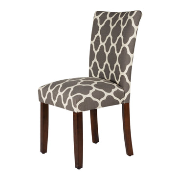 Wooden Parson Dining Chair With Quatrefoil Pattern Fabric Upholstery, Gray And White, Set Of Two Grey White Wood Fabric