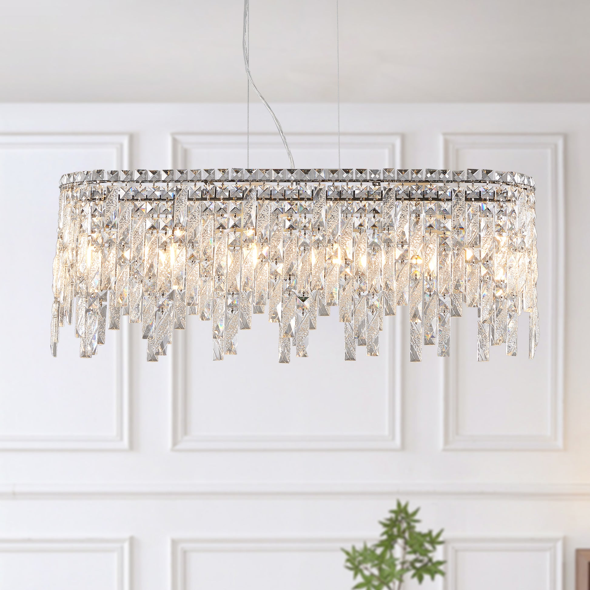 Silver Elegant Oval Crystal Chandelier, Modern Ceiling Light Fixture With Reflective Hanging Crystals For Dining Room, Living Room, And Foyers Bulbs Not Included Silver Clear Crystal Iron