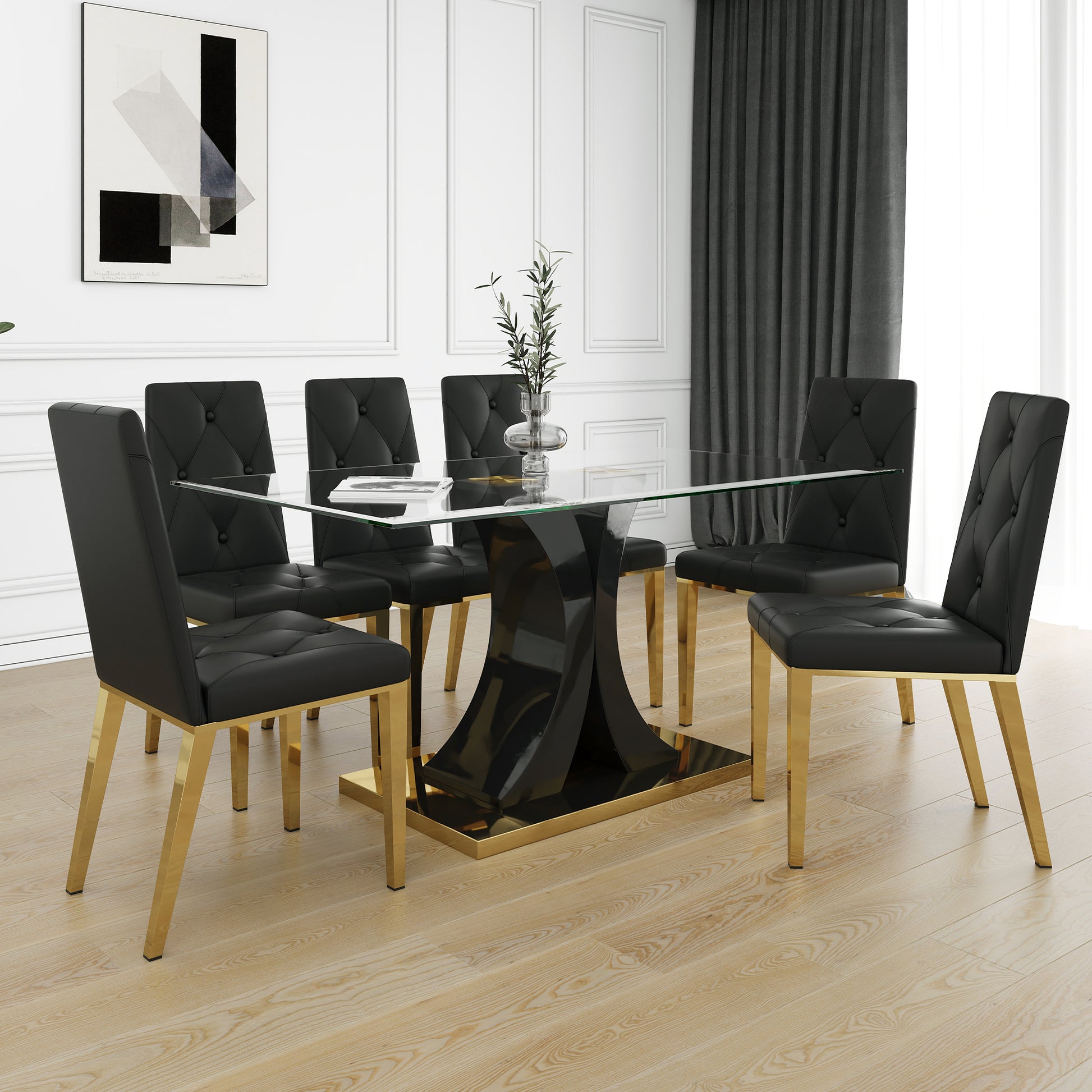 Modern Style Glass Dining Table, Elegant Transparent Design, Solid Support Base, Black Dining Chair Set, Gold Plated Chair Legs, Suitable For Restaurant Kitchens Set Of 7 Metal Gold Black Mdf Glass