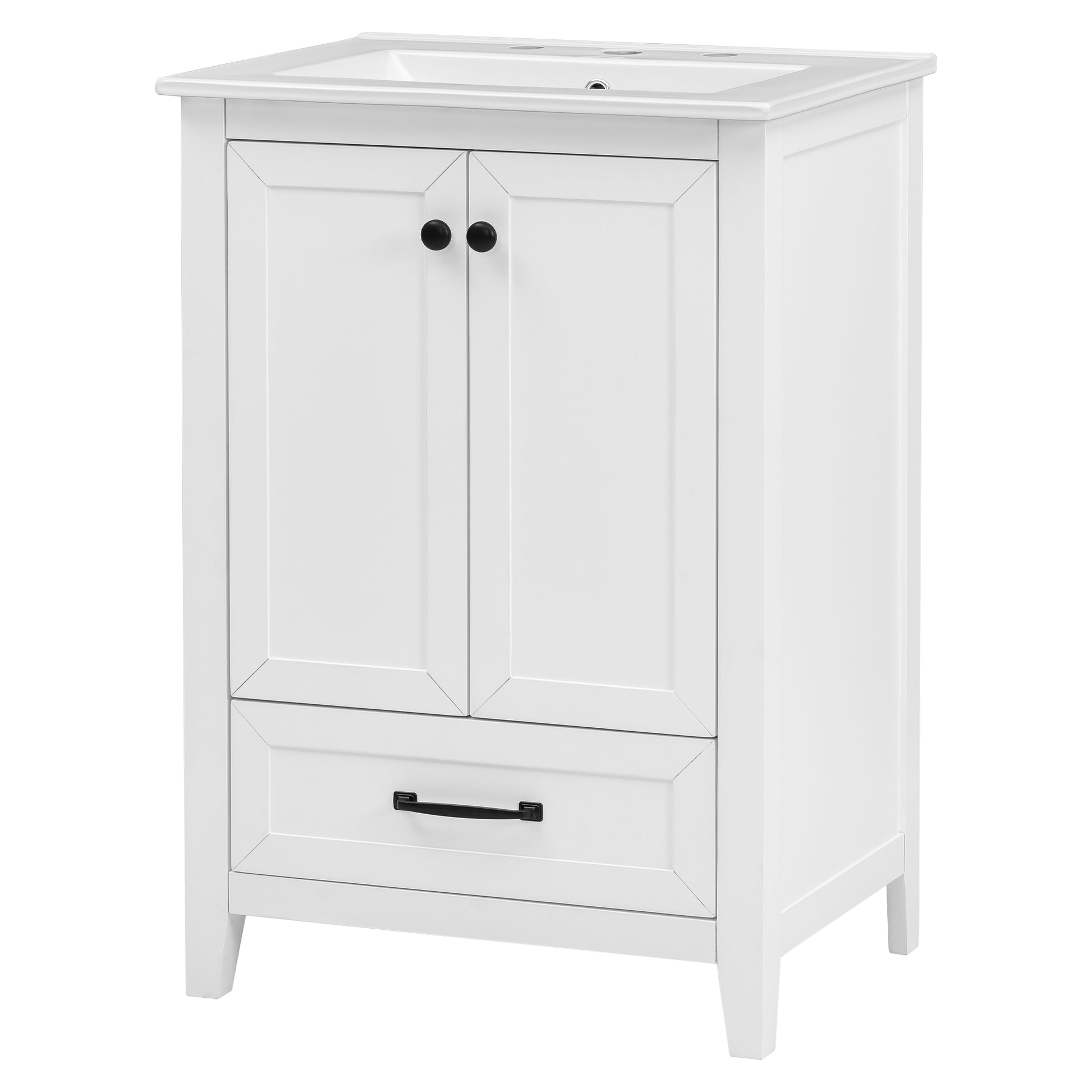 24" Bathroom Vanity With Sink, Bathroom Vanity Cabinet With One Drawer And Doors, Solid Wood And Mdf, White White Solid Wood Mdf