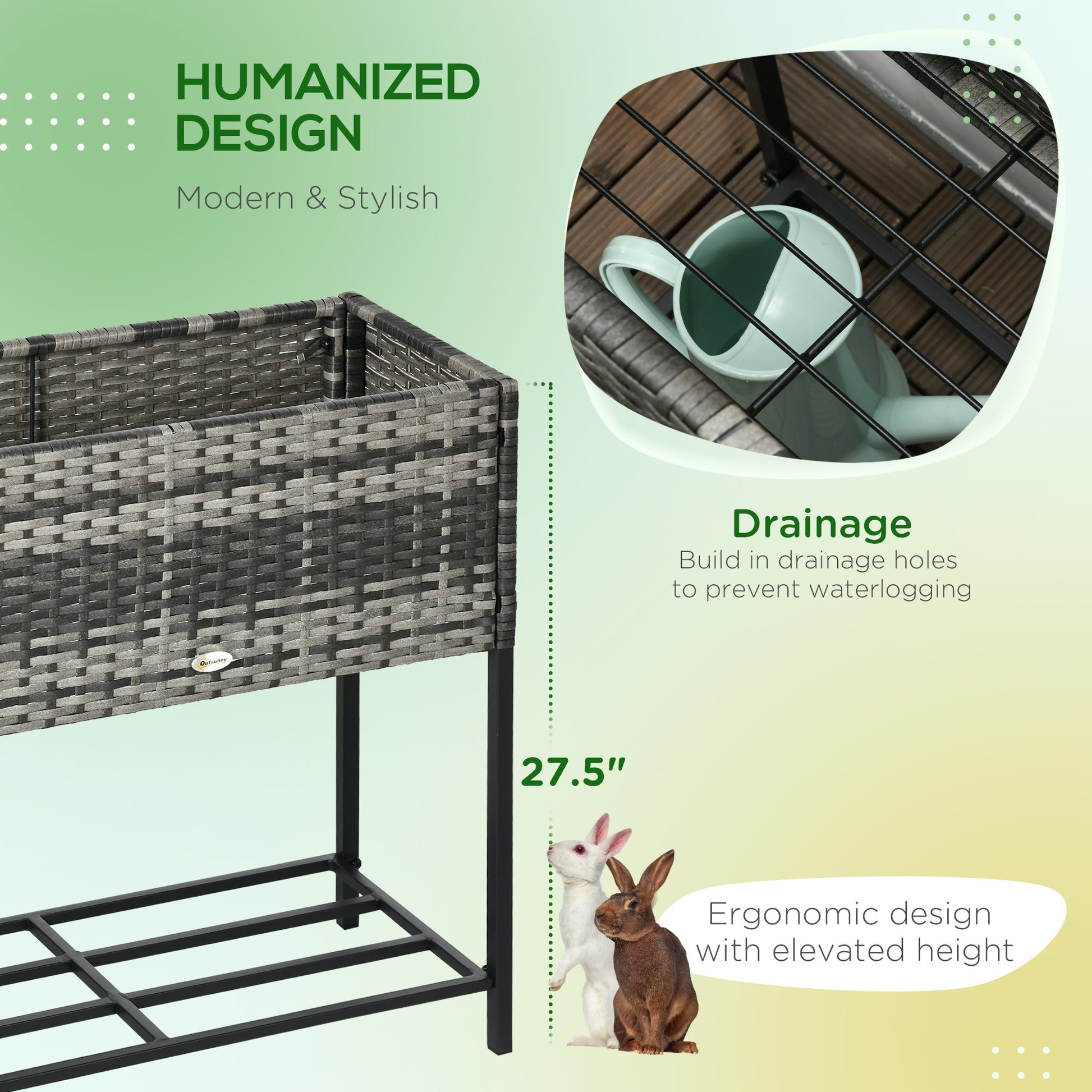 Outsunny Raised Garden Bed, Elevated Planter Box With Rattan Wicker Look, Tool Storage Shelf, Portable Design For Herbs, Vegetables, Flowers, Gray Grey Rattan