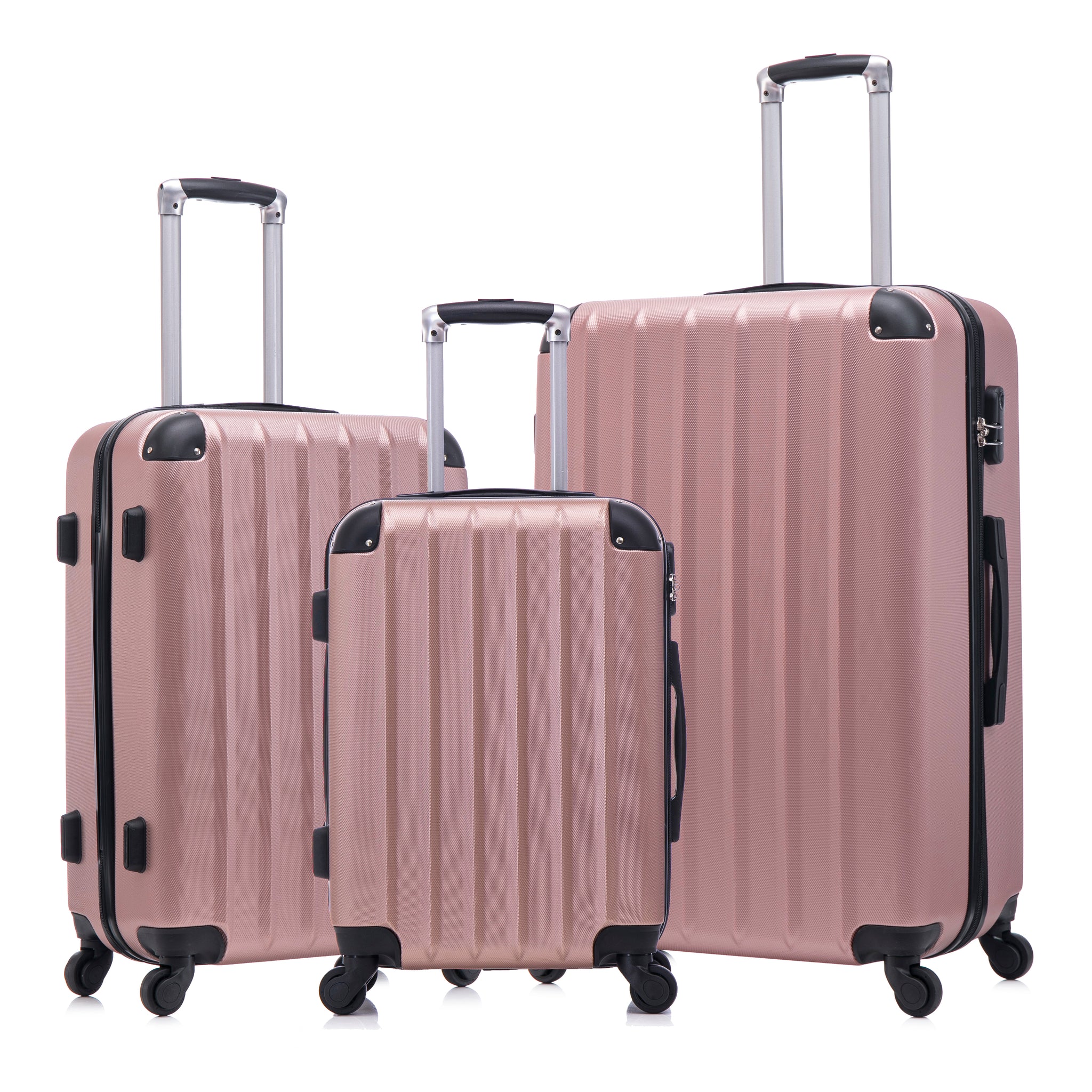 3 Piece Abs Hard Luggage Set With Swivel Wheels And Password Lock, 20 24 28 Inch Rose Gold Rose Gold Abs