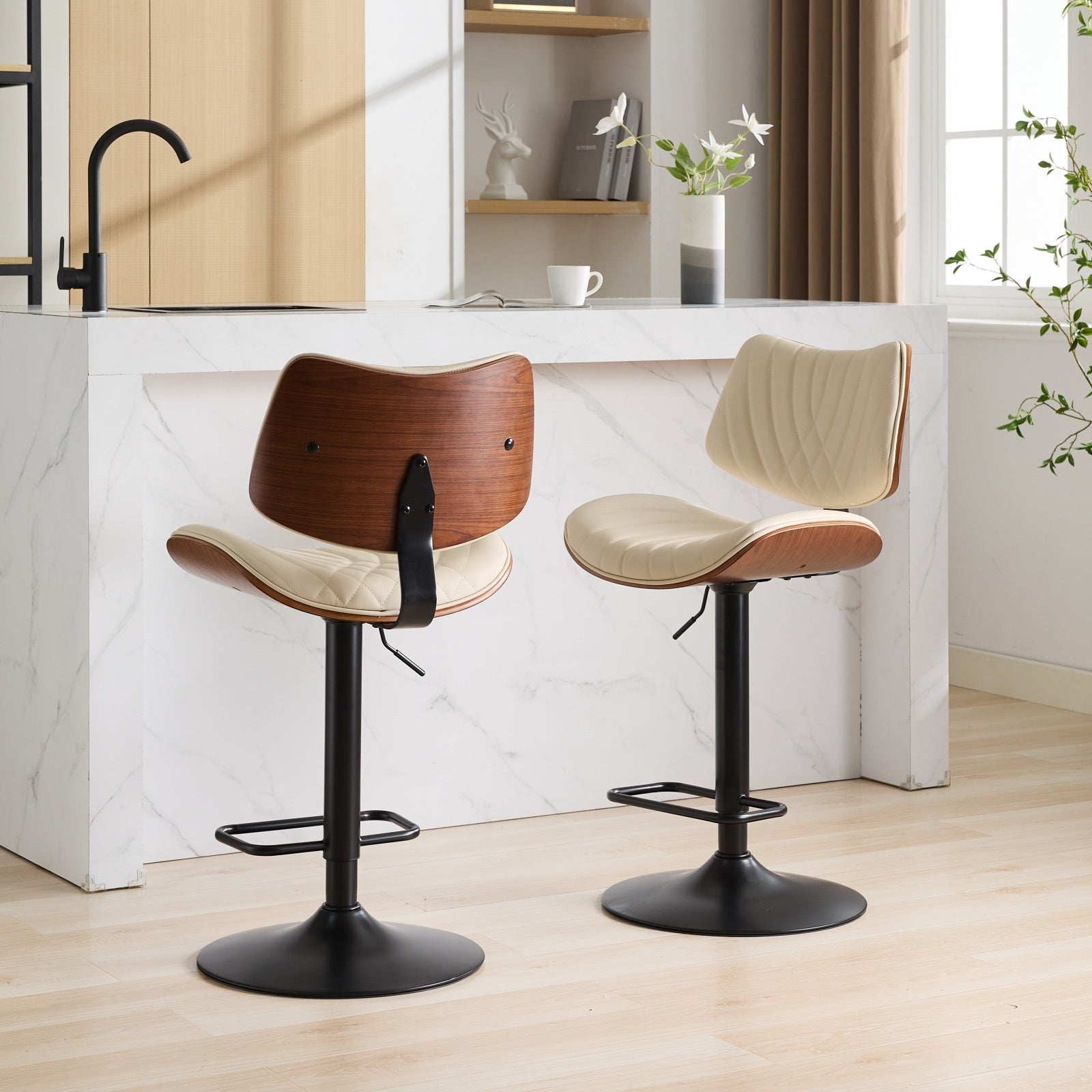 Walnut Bentwood Bar Stools Mid Century Modern Adjustable Counter Height Black Leather Upholstered 360 Swivel Bar Chairs For Kitchen Island Dining Room Cafe, 1 Chair 1Carton,Beige Beige American Design 1 Foam Pu Leather