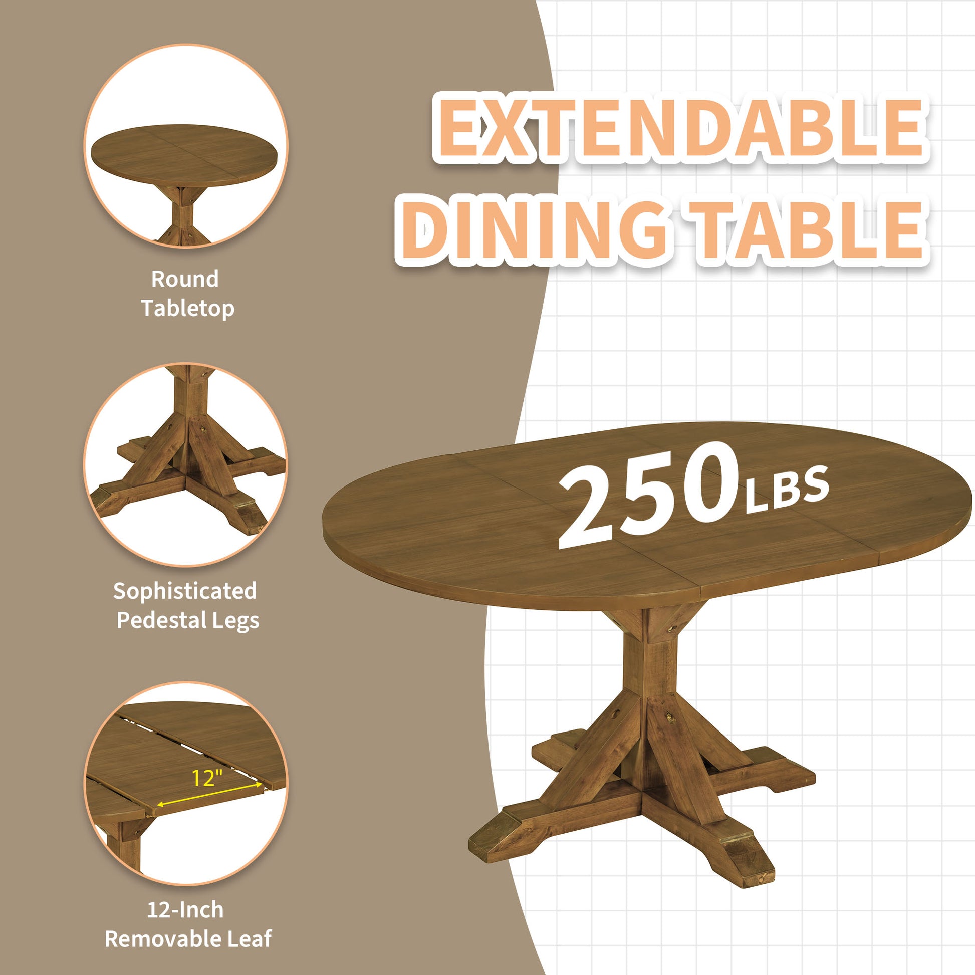 Farmhouse 6 Piece 60Inch Extendable Pedestal Dining Table Set With 18Inch Removable Leaf, 44Inch Bench And 4 Ladder Back Dining Chairs, Dark Brown Wood Dining Room Solid Wood Rubberwood Oval Dining Table With Bench Wood Wood Dark Brown Ladder Back Seats