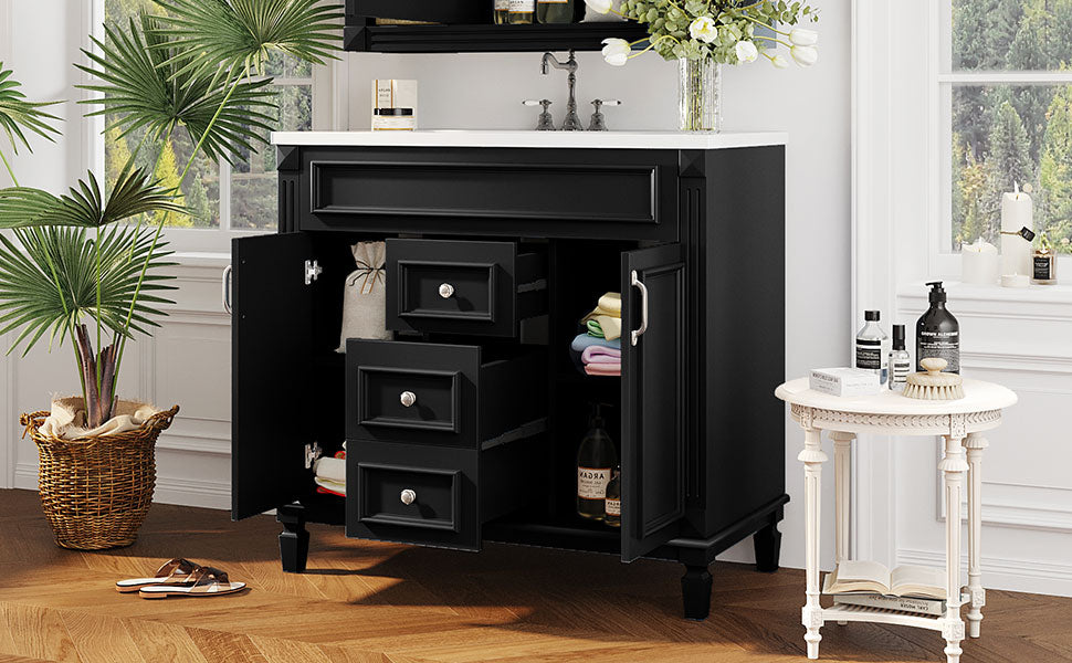 36'' Bathroom Vanity With Top Sink, Modern Bathroom Storage Cabinet With 2 Soft Closing Doors And 2 Drawers, Single Sink Bathroom Vanity Black Bathroom Modern Mdf Ceramic,Solid Wood Mdf