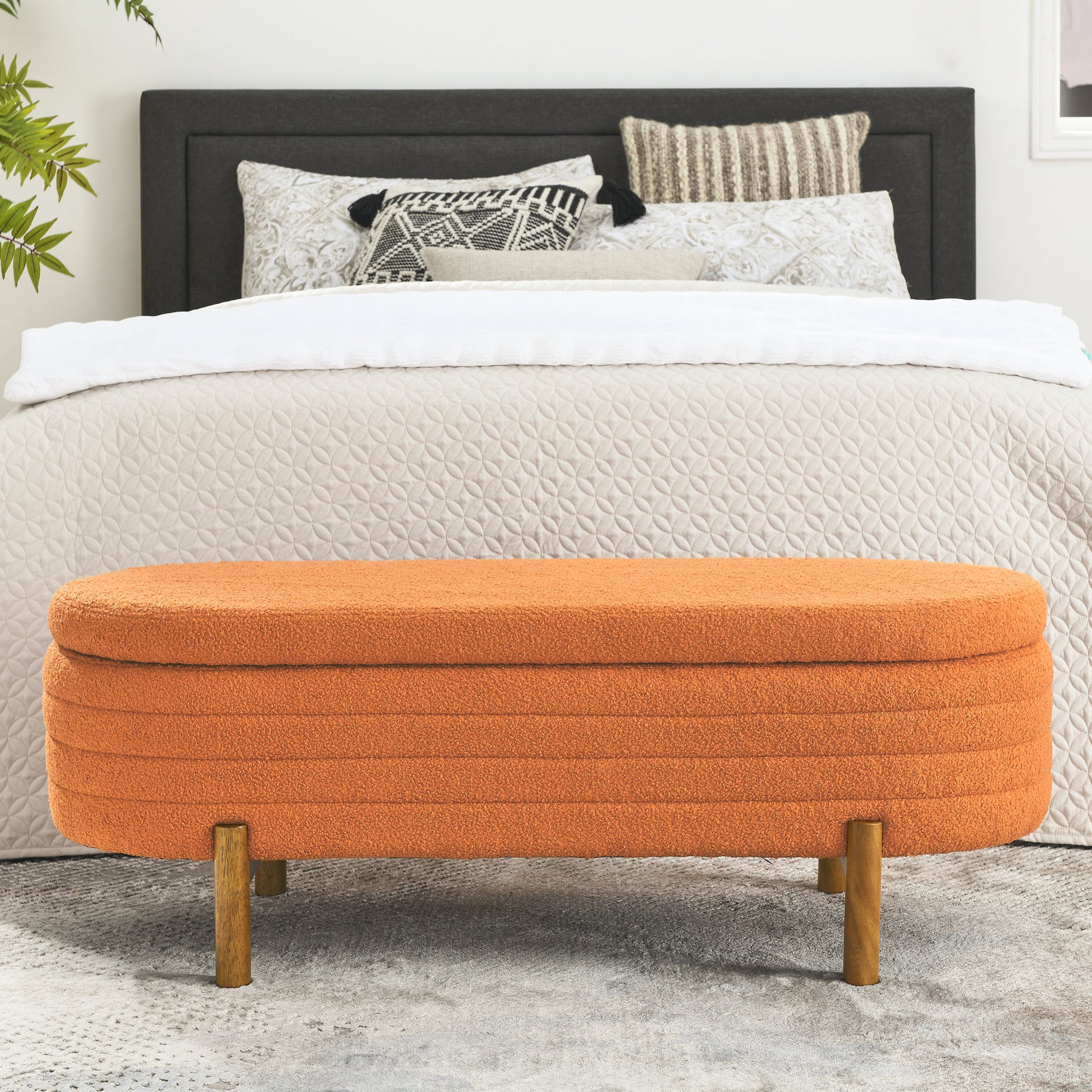 Ottoman Oval Storage Bench,Rubber Wood Leg,Orange 46."X17.7"X10.8" Orange Foam