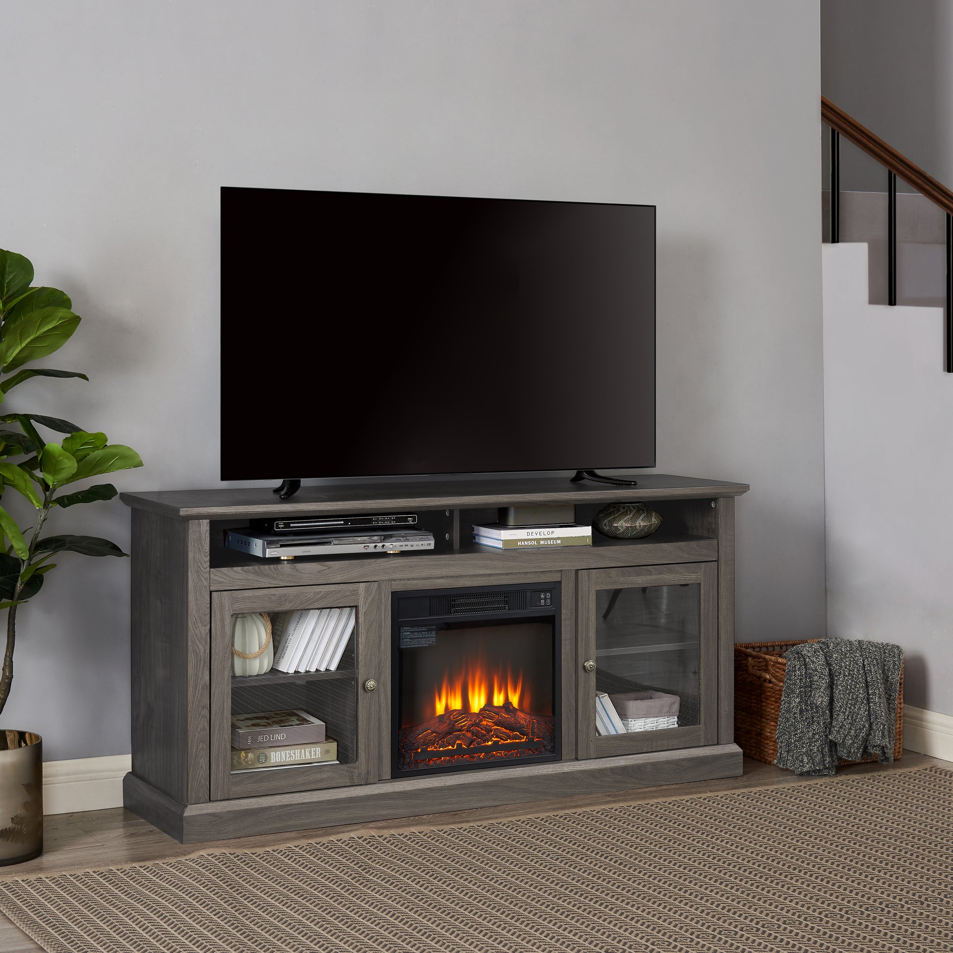 Modern Tv Media Stand Modern Entertainment Console With 18" Fireplace Insert For Tv Up To 65" With Open And Closed Storage Space, Dark Walnut Black, 60"W*15.75"D*29"H Black Dark Walnut 60 69 Inches Mdf