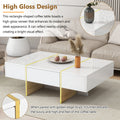 47.2'' X 31.4''Minimalist High Gloss Coffee Table With 2 Drawers, Multi Storage Rectangle Sofa Table With Golden Wood Grain Legs, Modern Center Table For Living Room, White White Particle Board Mdf