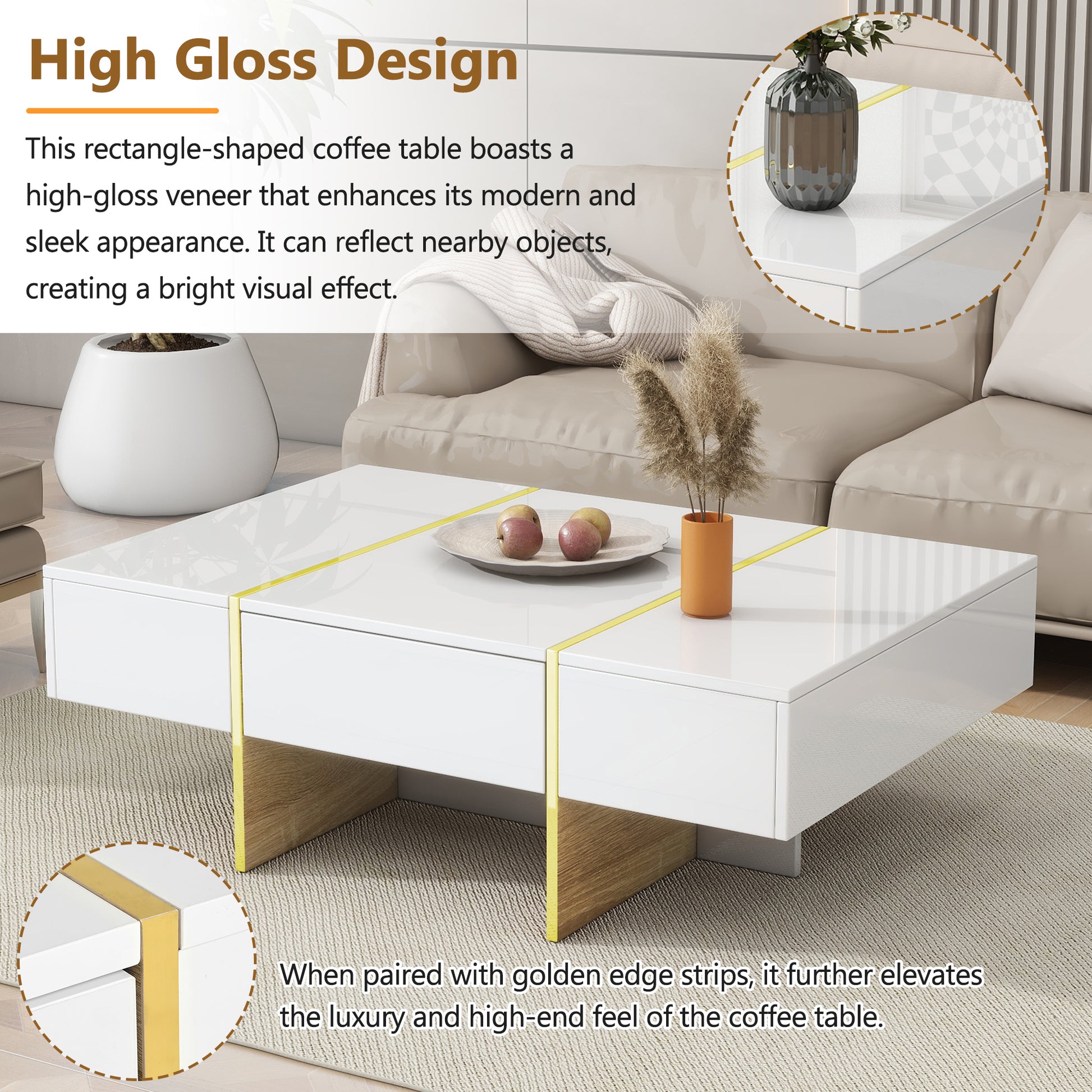 47.2'' X 31.4''Minimalist High Gloss Coffee Table With 2 Drawers, Multi Storage Rectangle Sofa Table With Golden Wood Grain Legs, Modern Center Table For Living Room, White White Particle Board Mdf