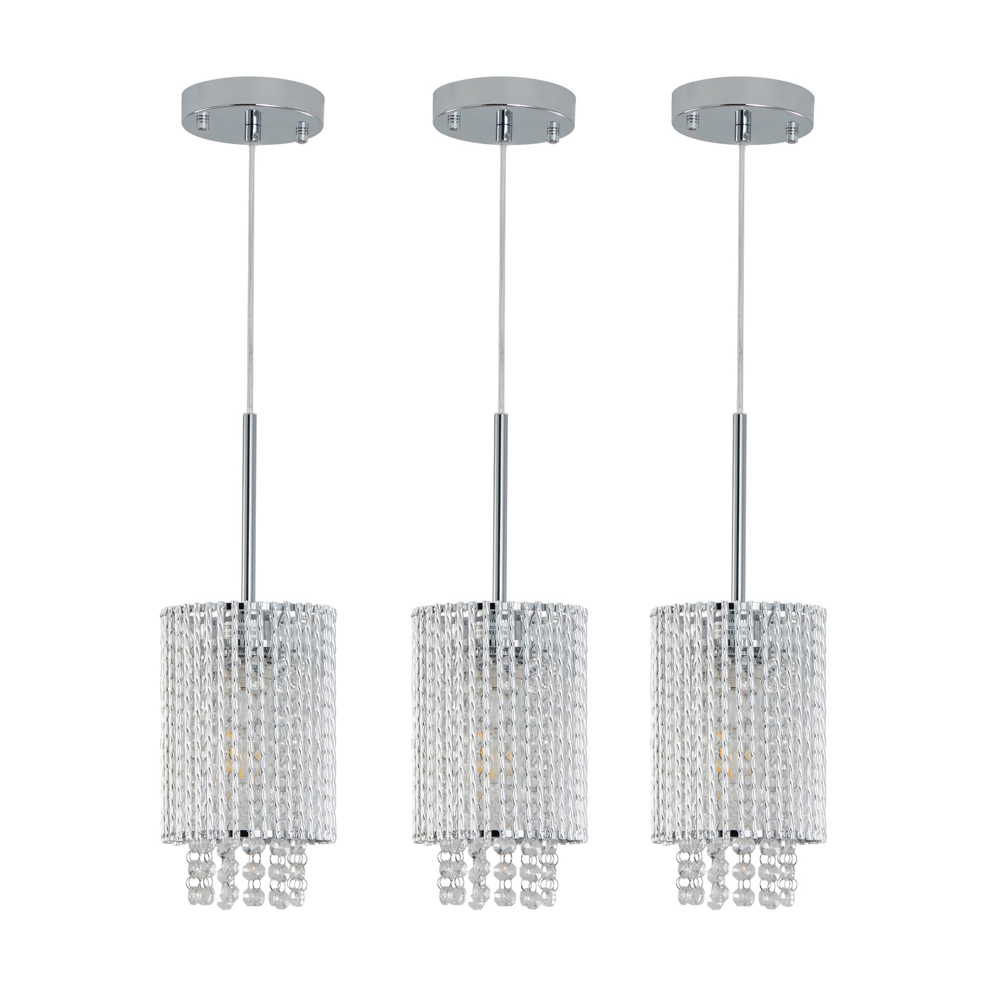 Modern Crystal Pendant Light 3 Pack Adjustable Chrome Hanging Ceiling Fixture With Clear Beads, Elegant Design For Kitchen Island, Dining Room, Or Living Room No Bulbs Chrome Crystal,Iron