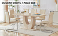 Table And Chair Set.Modern Minimalist Luxury Mdf Rectangular Dining Table With Light Yellow Textured Stickers On The Table, 6 Pu Synthetic Leather High Backrest Soft Cushioned Side Chairs. Light Yellow Seats 6 Mdf