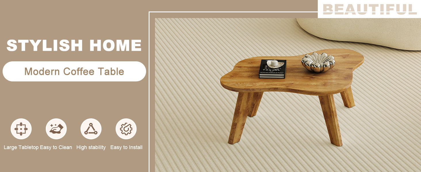 Modern Minimalist Wood Color Table Top. Solid Wood Legs, Cloud Shape To Give You A Experience, Computer Desk. The Game Table. Suitable For Dining And Living Rooms. Wood Mdf