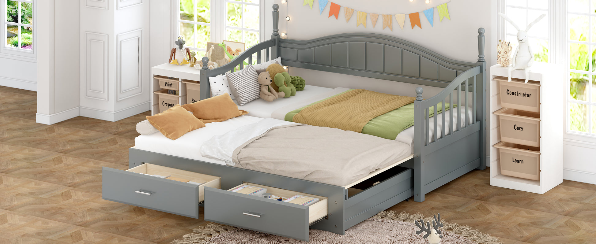 Wooden Twin Size Daybed With Twin Size Trundle, Extendable Daybed With Two Storage Drawers,Gray Expected Arrival Time:9.12 Twin Gray Wood
