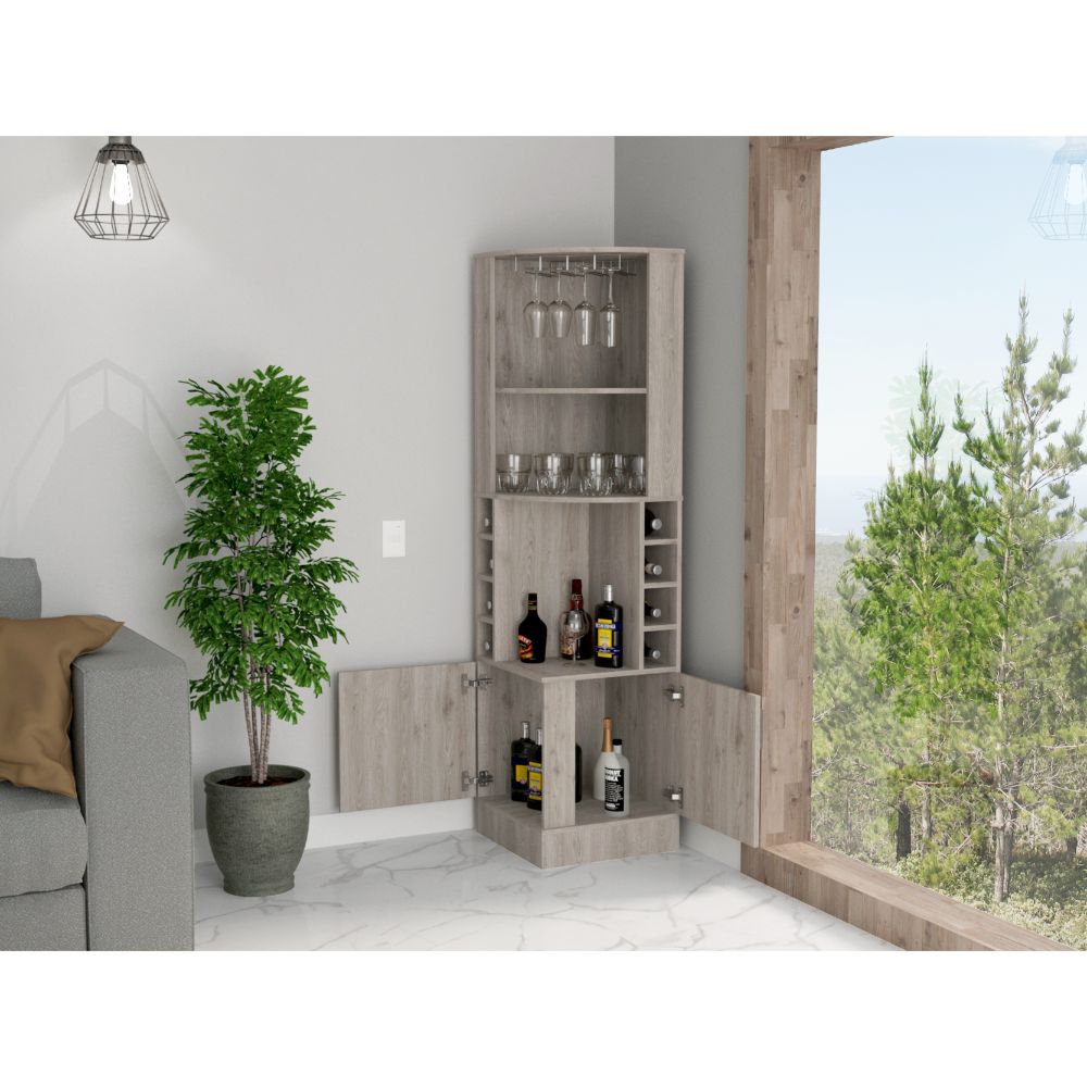 Syrah Corner Bar Cabinet, Eight Bottle Cubbies, Double Door, Two Open Shelves Light Gray Light Gray Particle Board