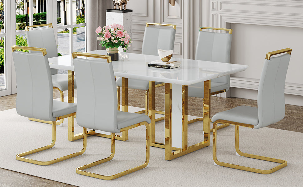 Table And Chair Set.67"X36" White Marble Pattern Mdf Dining Table Set With 6 Light Gray Pu Chairs.Mdf Sticker,White Marble Pattern Sticker,Gold C Tube Chair Legs,Suitable For Kitchen,Dining