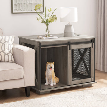 Farmhouse Dog Cage Crate Furniture With Sliding Barn Door, Farmhouse Wooden Dog Kennel End Table With Flip Top Plate Dog House With Detachable Divider For Small Medium Large Dog Gray Gray Wash Mdf