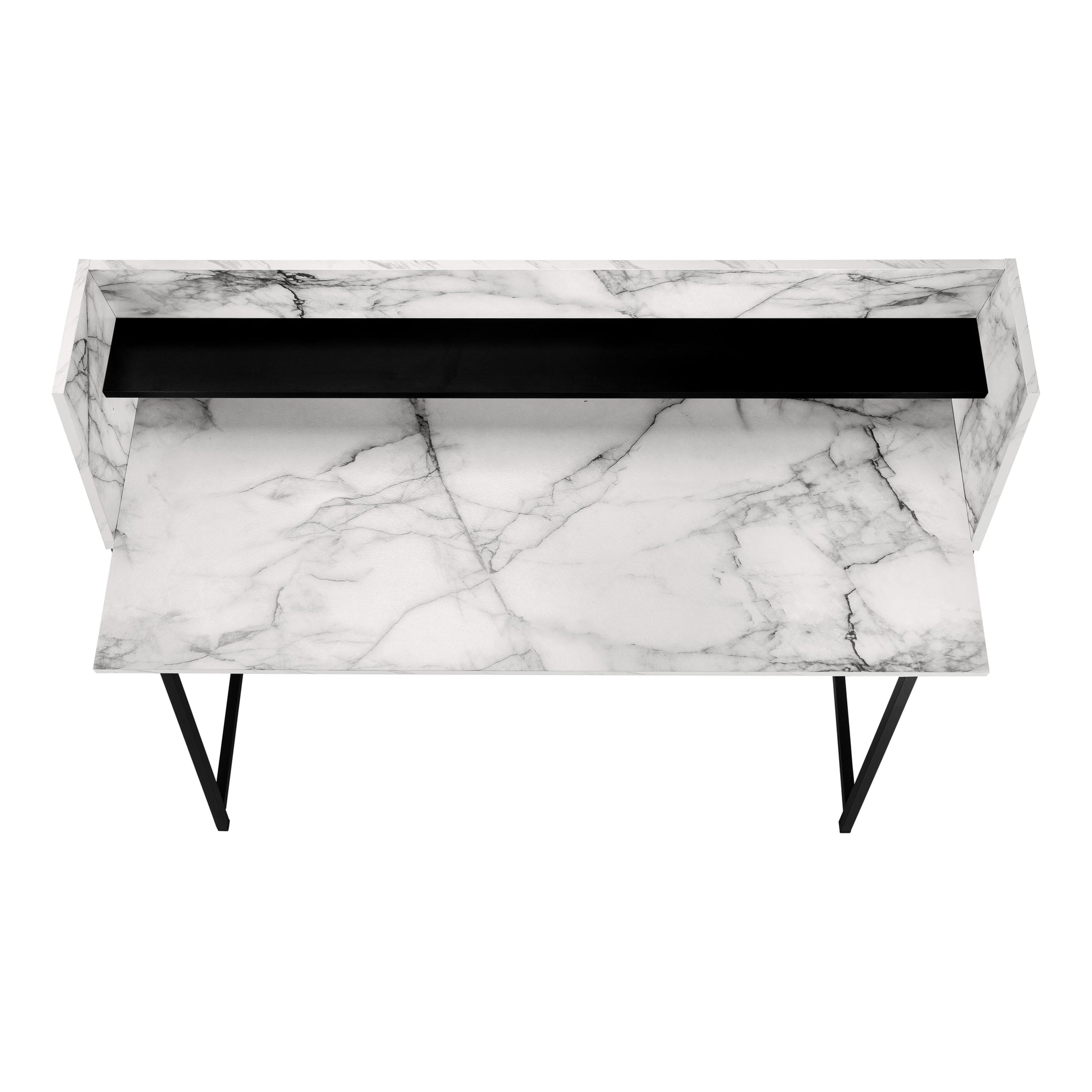 Computer Desk, Home Office, Laptop, Storage Shelves, 48"L, Work, White Marble Look Laminate, Black Metal, Contemporary, Modern White Particle Board