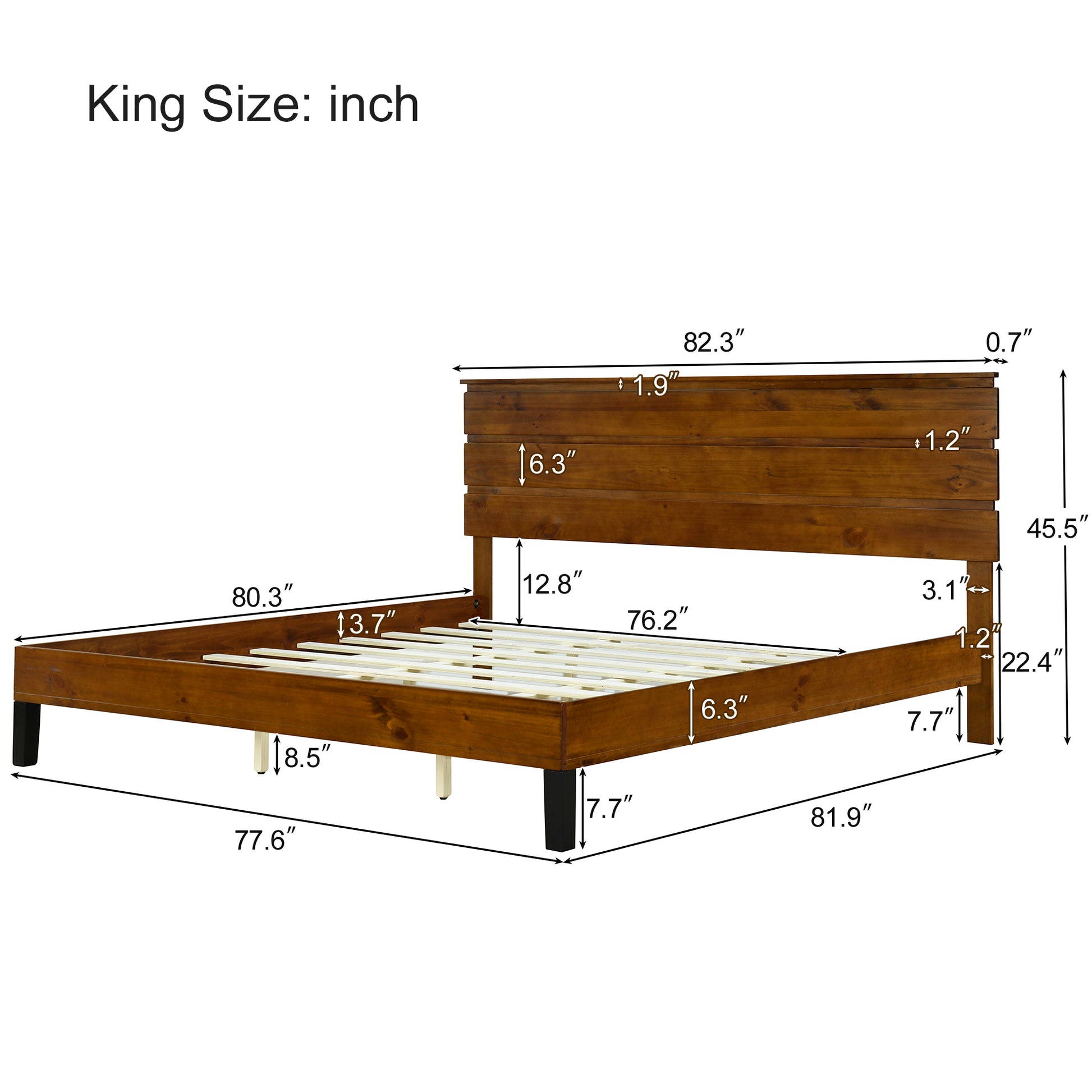 Mid Century Modern Solid Wood Bed Frame King Size Platform Bed With Three Piece Headboard Design, No Box Spring Needed, Brown King Brown Pine