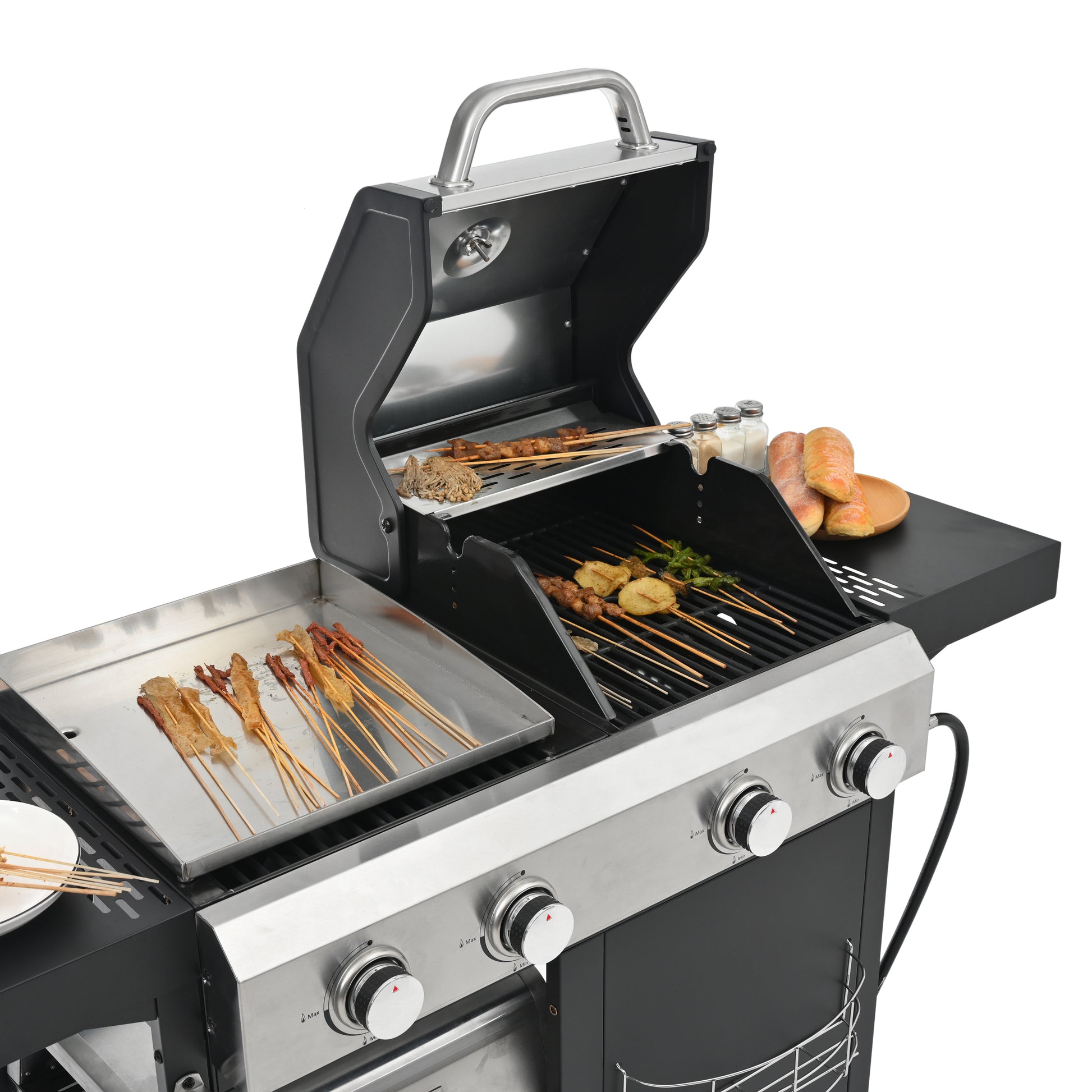 2 2 Multi Function Burner Gas Grill And Griddle Combo With Cover For Outdoor Cooking While Camping Or Tailgating Bbq,Frying,Pizza. Black And Silver Stainless Steel