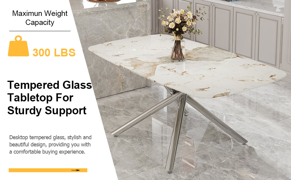 Large Modern Minimalist Rectangular Dining Table With 0.39 "Imitation Marble Tabletop And Silver Metal Legs, Suitable For Kitchens, Restaurants, Living Rooms, Conference Rooms, And Banquet Halls 1537 Silver Glass Metal