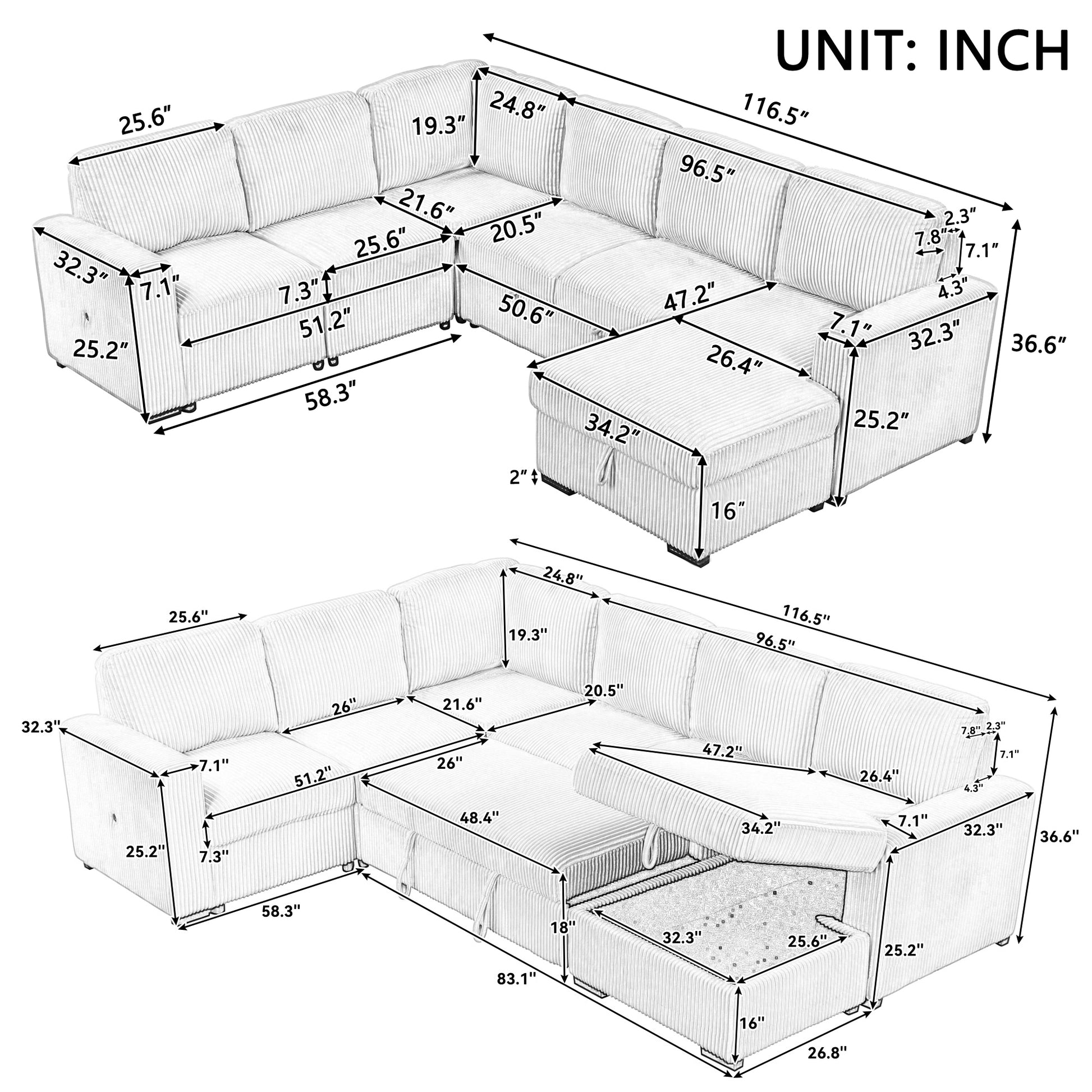 U Shaped Corduroy Combination Corner Sofa With Storage Lounge Chair, 6 Seater Oversized Sofa, With Usb Interfaces,Suitable For Living Room, Office, And Spacious Space Gray Polyester 6 Seat