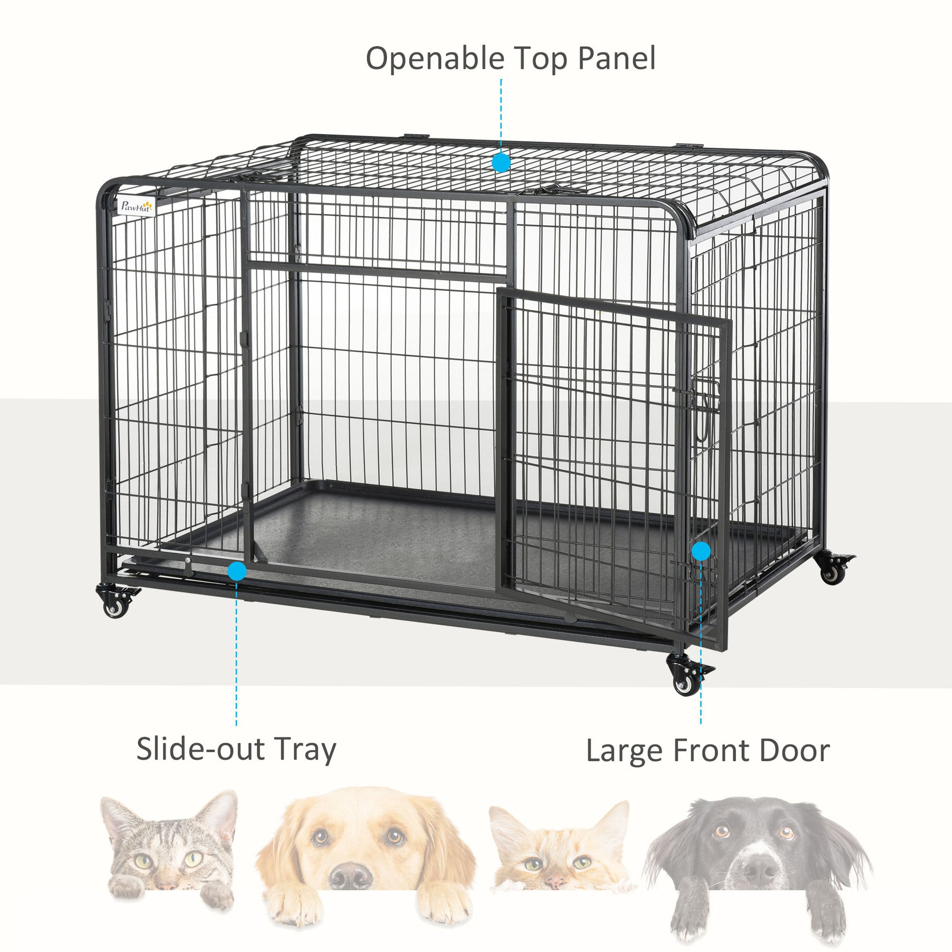 Pawhut Folding Design Heavy Duty Metal Dog Cage Crate & Kennel With Removable Tray And Cover, & 4 Locking Wheels, Indoor Outdoor 49" Gray Metal