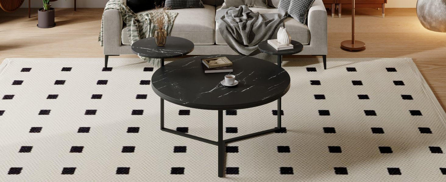 Modern Coffee Table With Two Display Shelves, Black Faux Marble Surfaces, Tripod Inspired Base,Rounded Tabletop Edges Matte Black Mdf