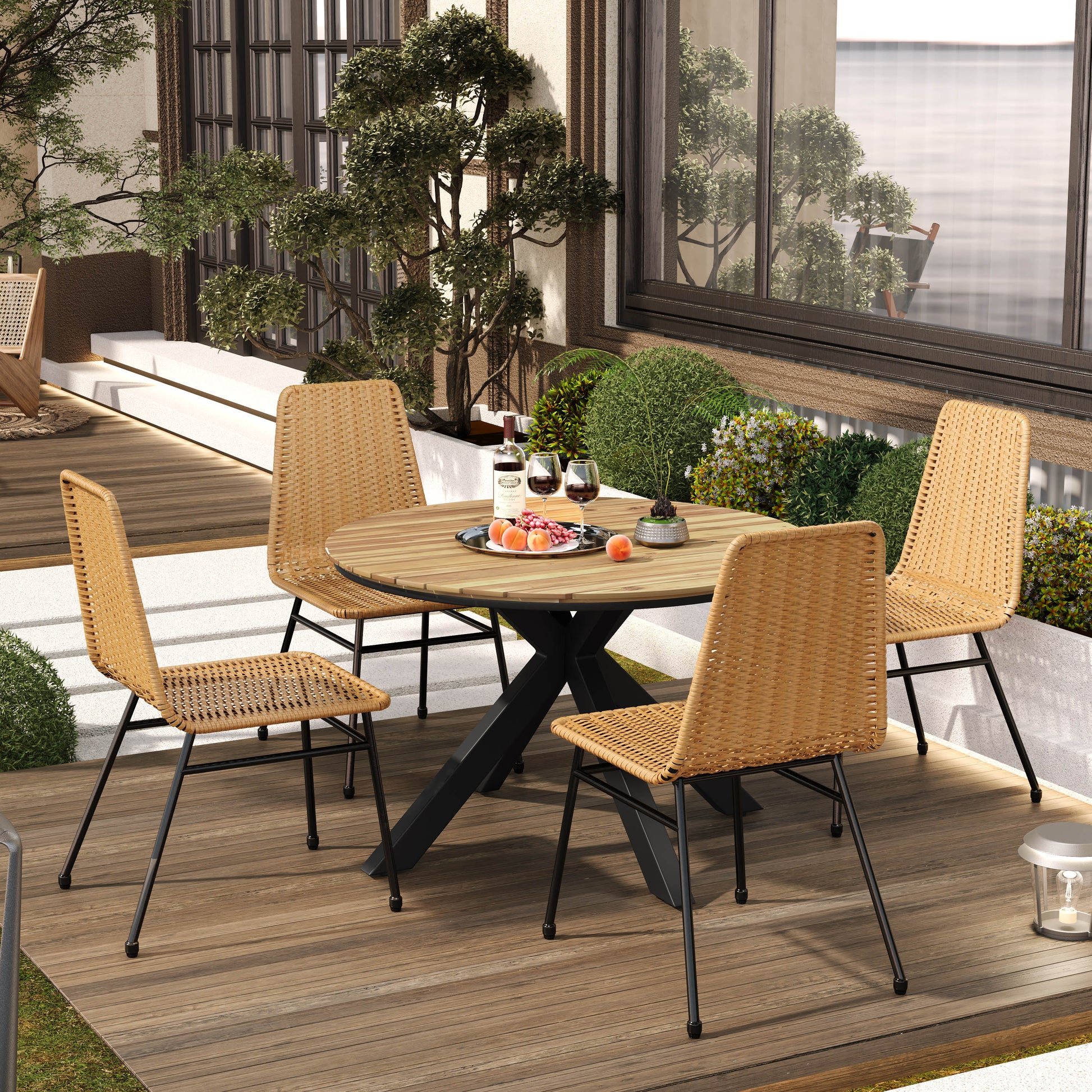 Dining Table And Chairs Set Light Brown Pe Rattan Iron