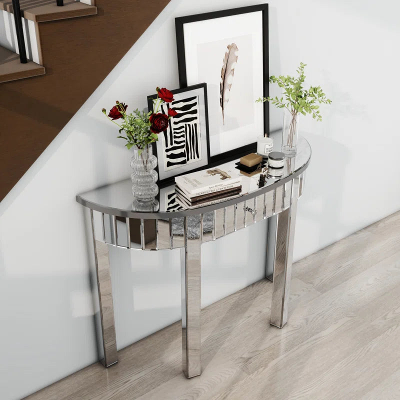 Mirrored Half Moon Console Table, Hd Glass Entryway Table With 1 Drawer, 39" Silver Console Table For Hallway, Living Room, Mirror Finished Silver Mirrored Finish Primary Living Space Art