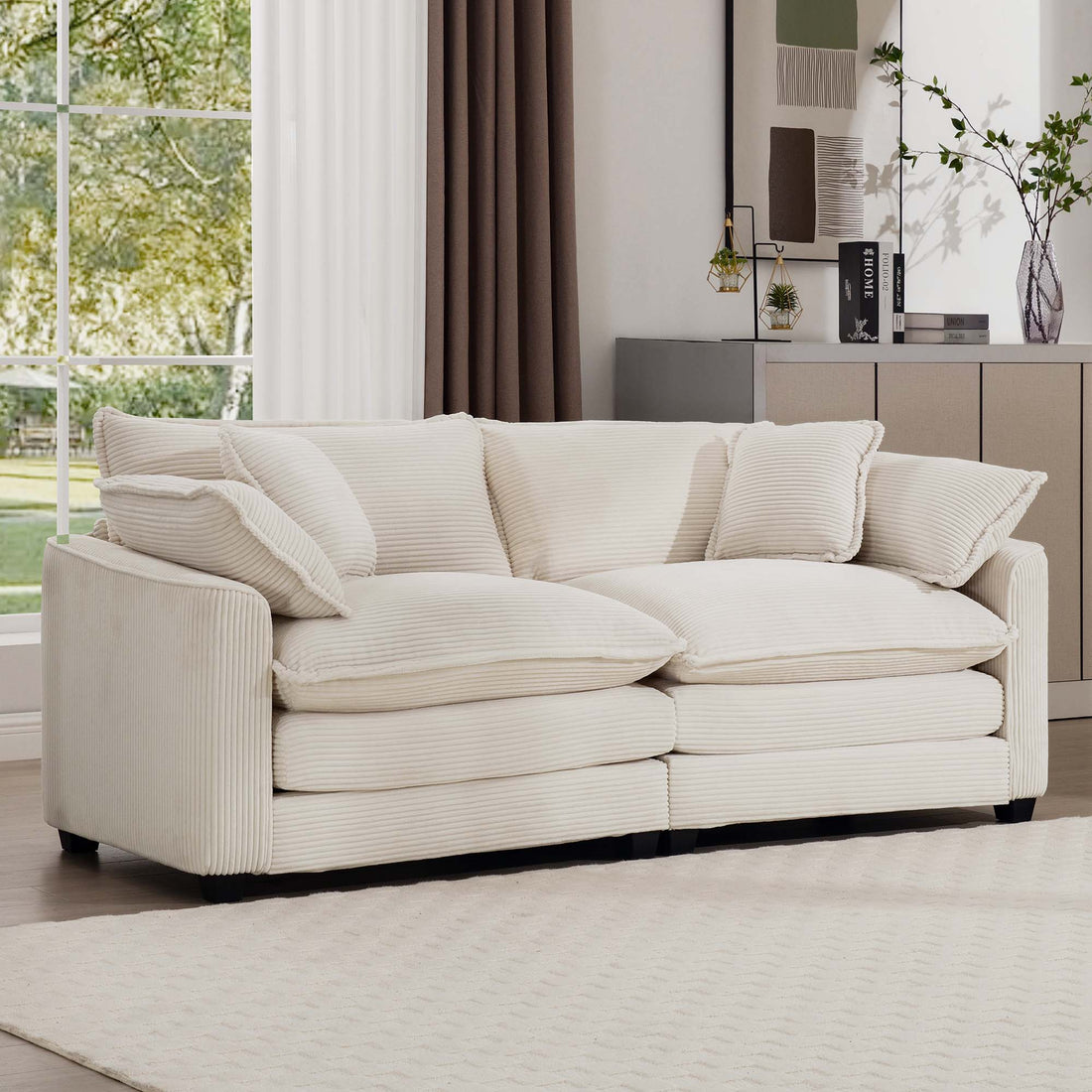 Modern Fabric Living Room Sofa 2 Seater Sofa With 4 Pillows ,Upholstered Large And Deep Seating 2 Seat Loveseat Sofa, Light Beige Corduroy Beige Corduroy 2 Seat