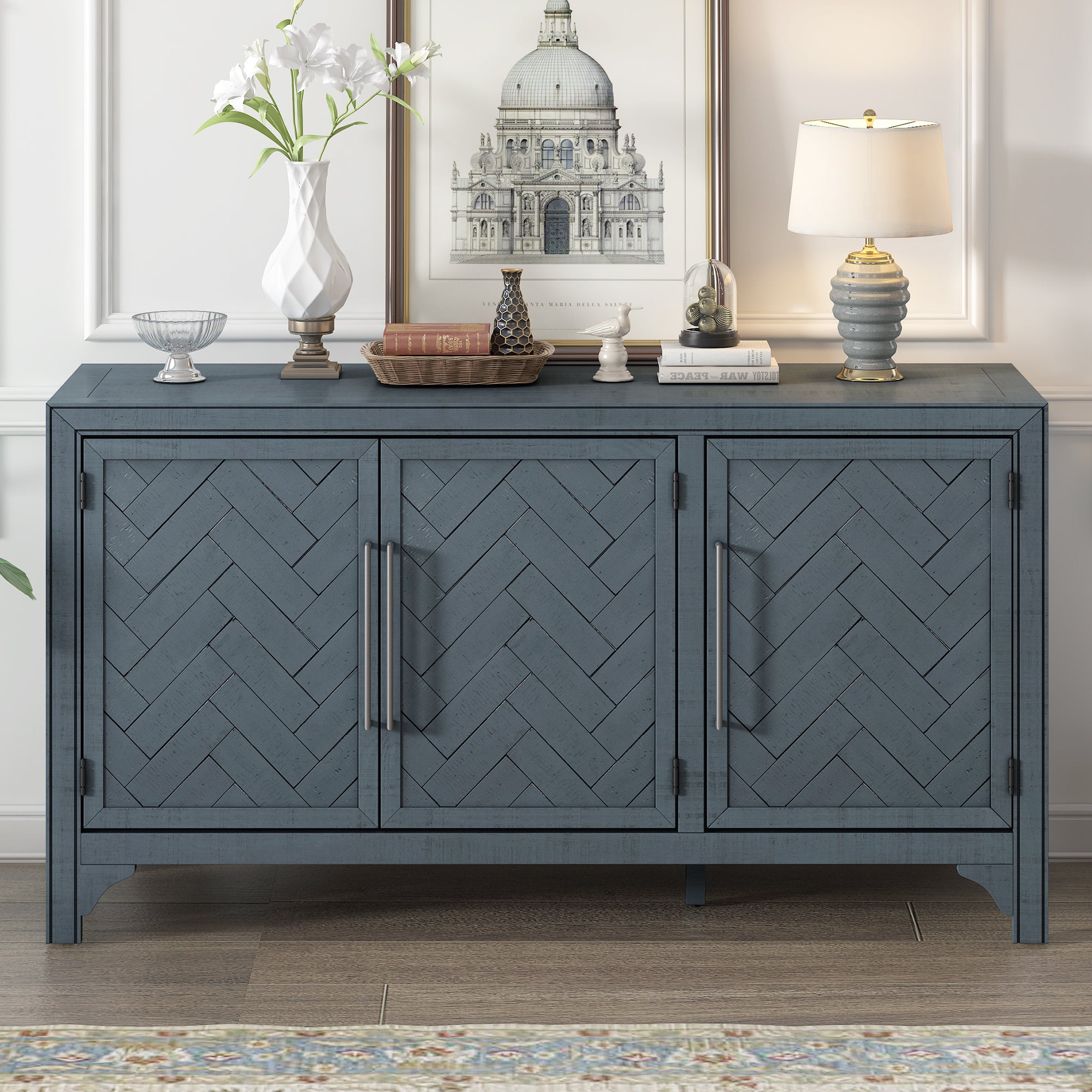 Designed Storage Cabinet Sideboard With Mdf Pine Veneeradjustable Shelves, Suitable For Living Rooms, Entrance And Study Rooms. Navy Blue Primary Living Space Adjustable Shelves American Design,American Traditional,Classic Mdf