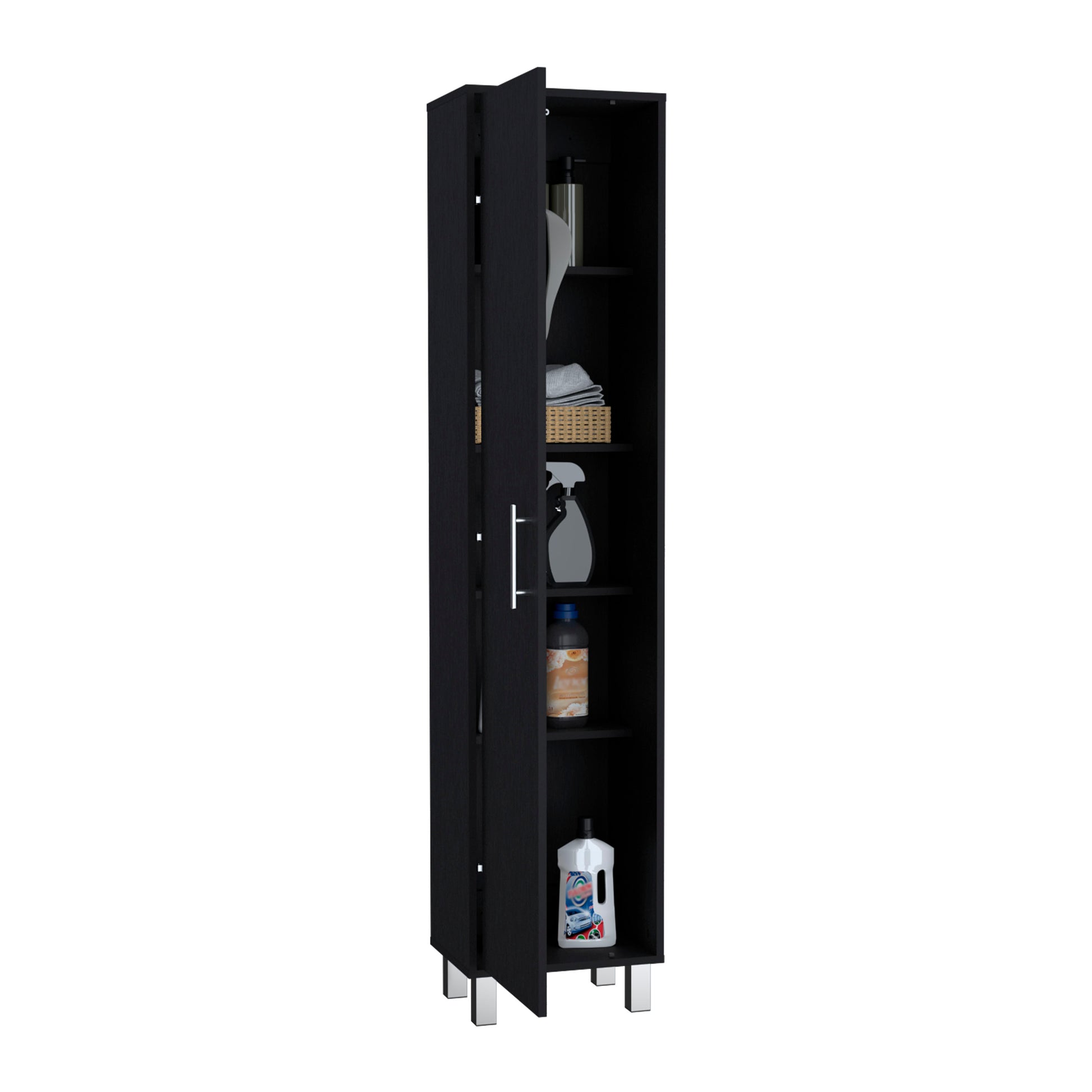 Laska 70" Tall Storage Cabinet Broom Closet With Broom Hangers,And Four Shelves Black Black Particle Board