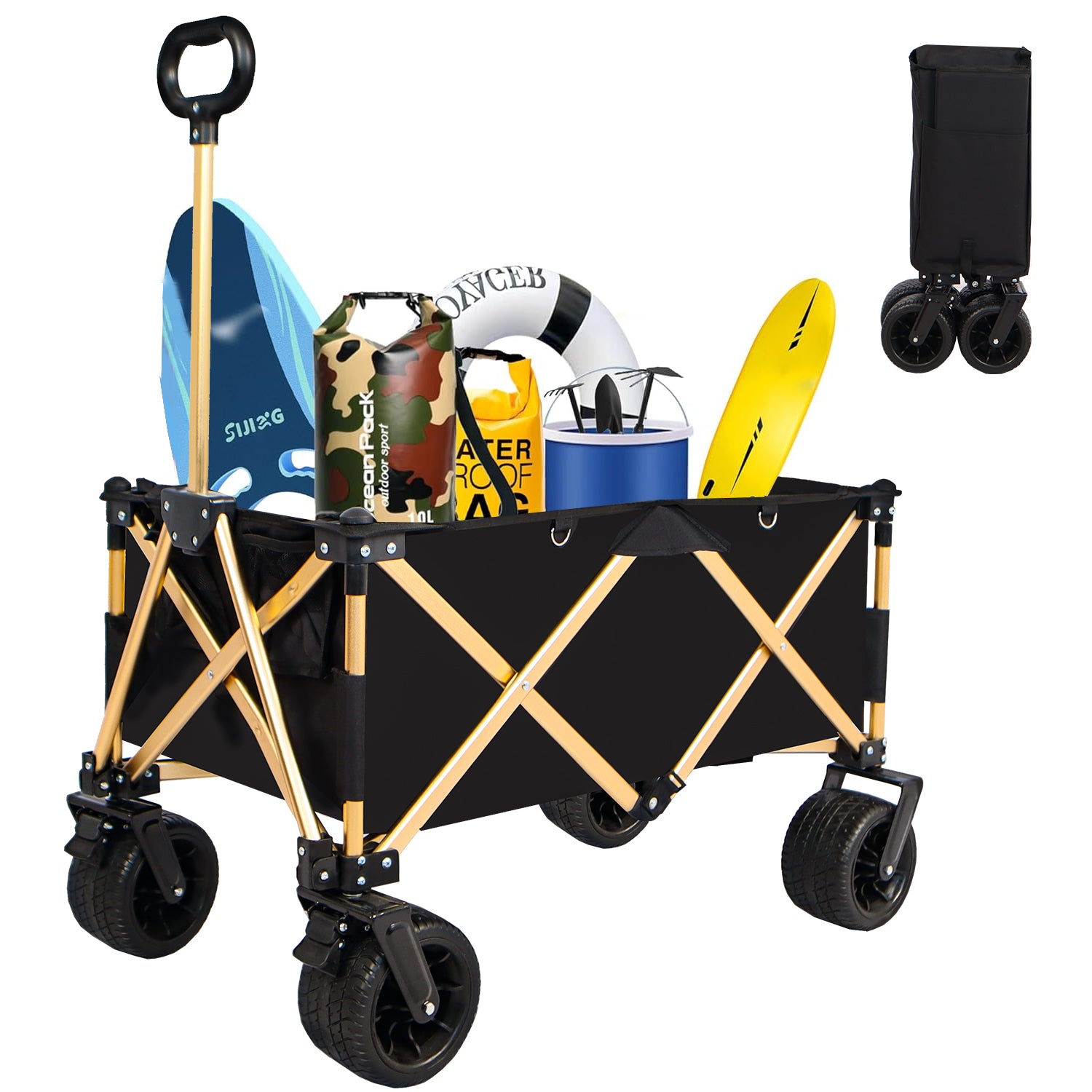 Aluminum Alloy Folding Wagon, Heavy Duty Utility Beach Wagon Cart For Sand With Big Wheels, Adjustable Handle&Drink Holders For Shopping, Camping,Garden And Outdoor Black Garden & Outdoor Fabric Aluminium Alloy