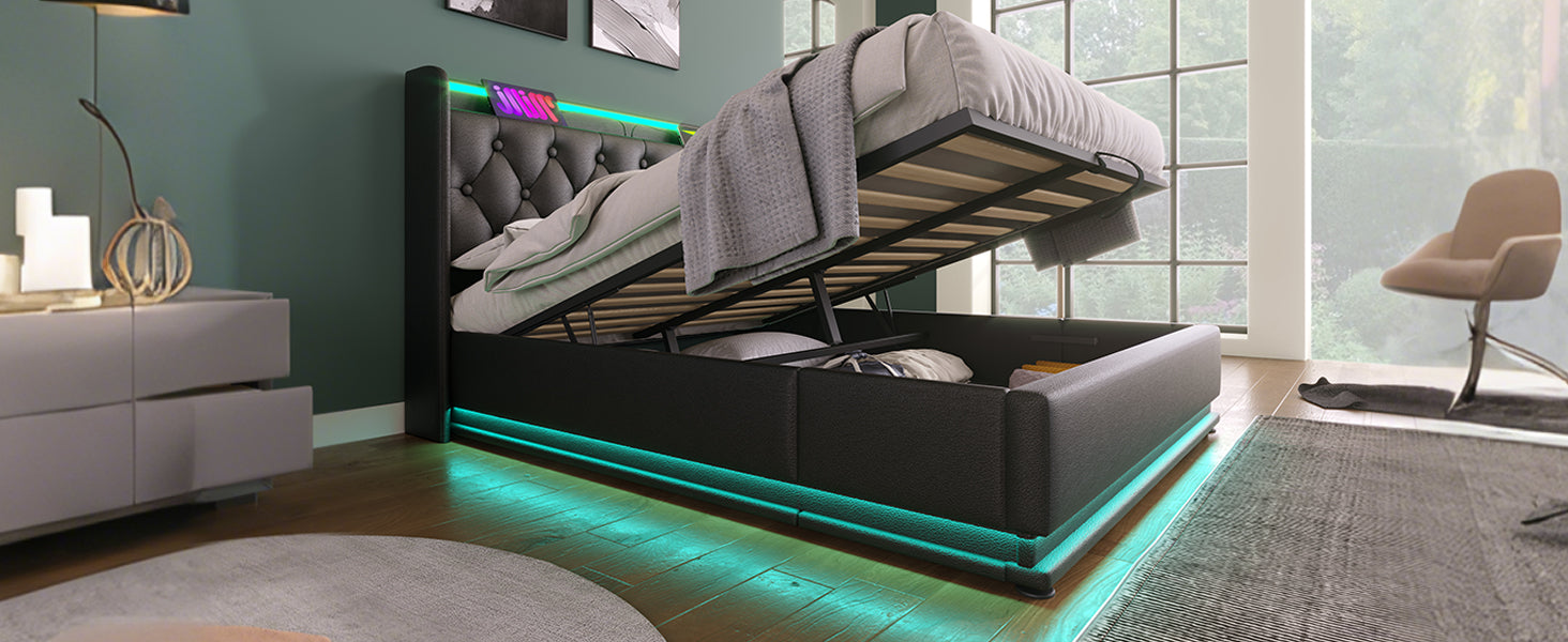 Full Size Upholstered Bed, 360 Surround Led Function, Buttons Apps Remote Control, Hydraulic Storage Bed With Usb Type C Charging, Black,Pu Without Mattress Full Black Pu