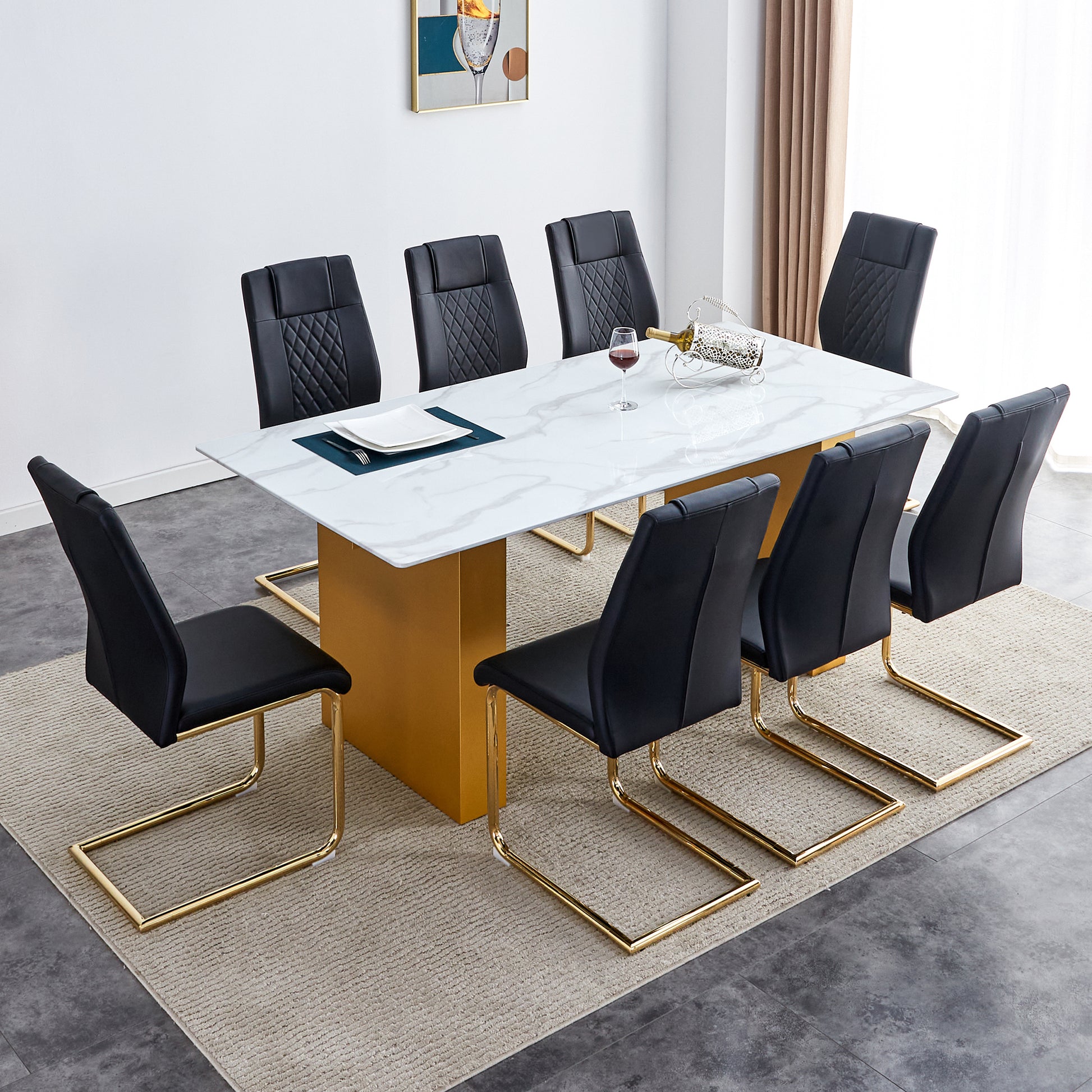 Table And Chair Set.Large Modern Rectangular Table With 0.4 Inch Patterned Glass Tabletop And Large Mdf Table Legs.Comes With 8 Chairs With Faux Leather Cushioned Seats And Golden Metal Legs. Gold White Seats 8 Mdf Glass